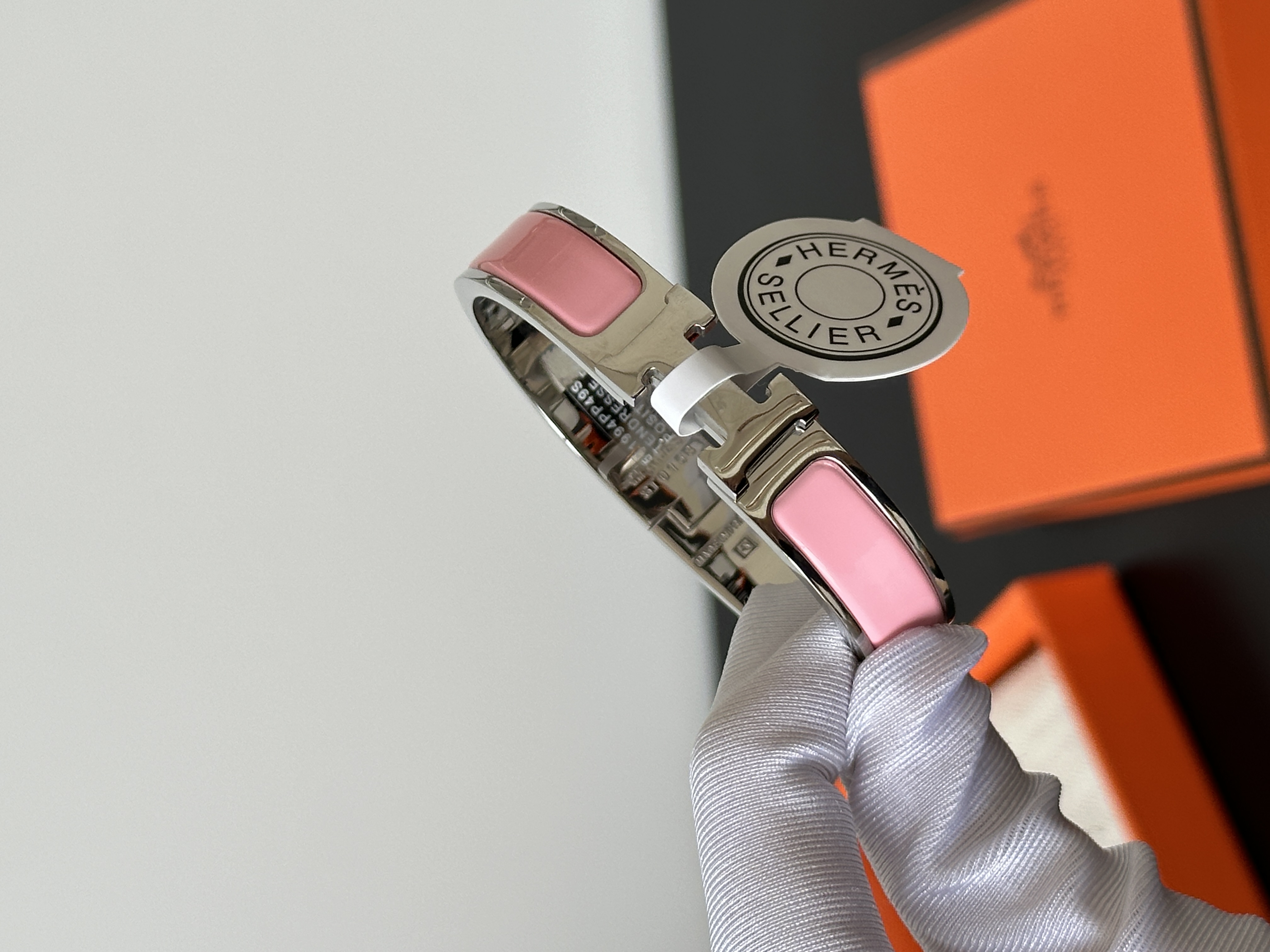 Hermès Light Pink Enamel Silver Narrow H Buckle Bangle Bracelet