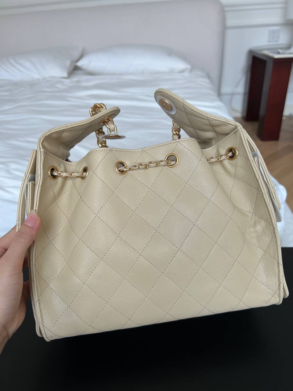 Chanel Beige Caviar Leather Drawstring Bucket Bag