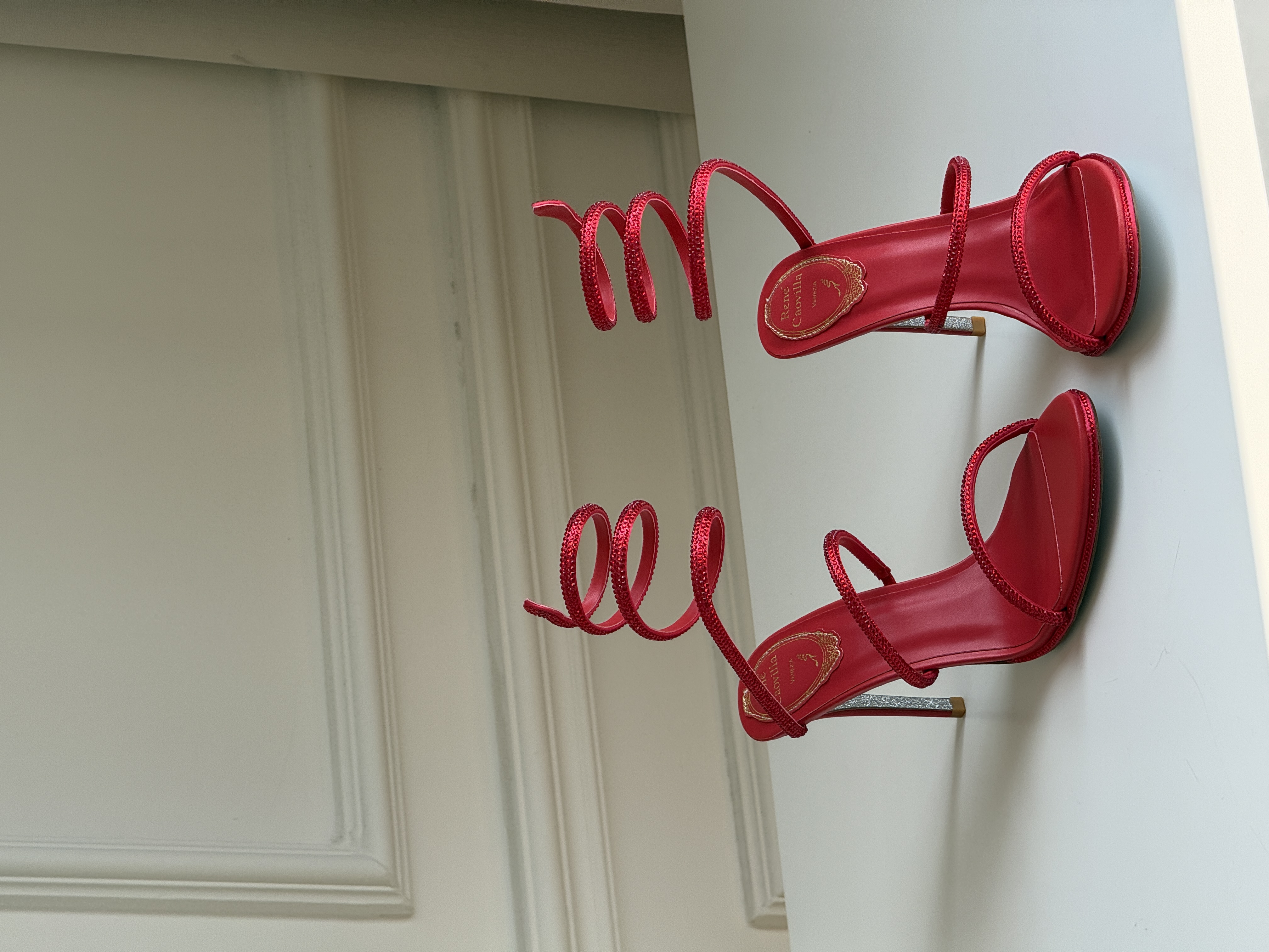 Bright Red Rhinestone Coiled Snake Ankle Wrap Open Toe Stiletto Sandals