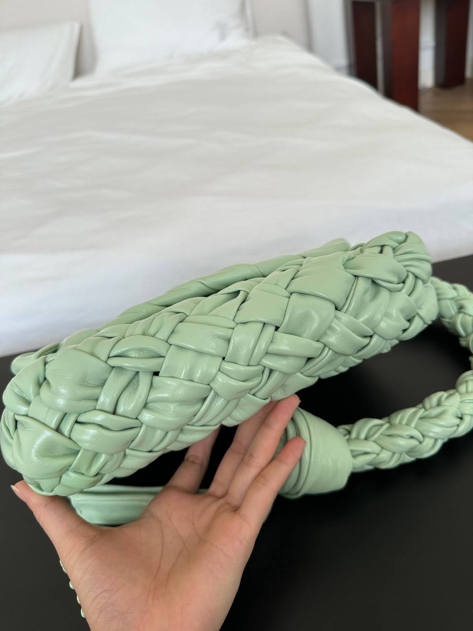 Mint Green Hand Woven Soft Leather Knotted Tassel Shoulder Bag