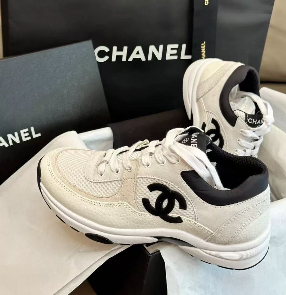 Chanel CC Logo White & Black Mesh Suede Trainer Sneakers
