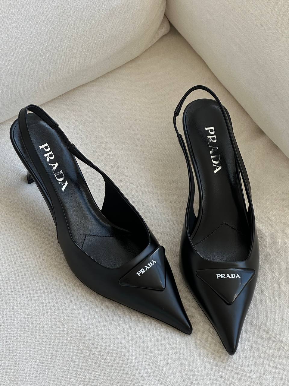 Prada Black Brushed Leather Pointed-Toe Triangle Logo Slingback Heels