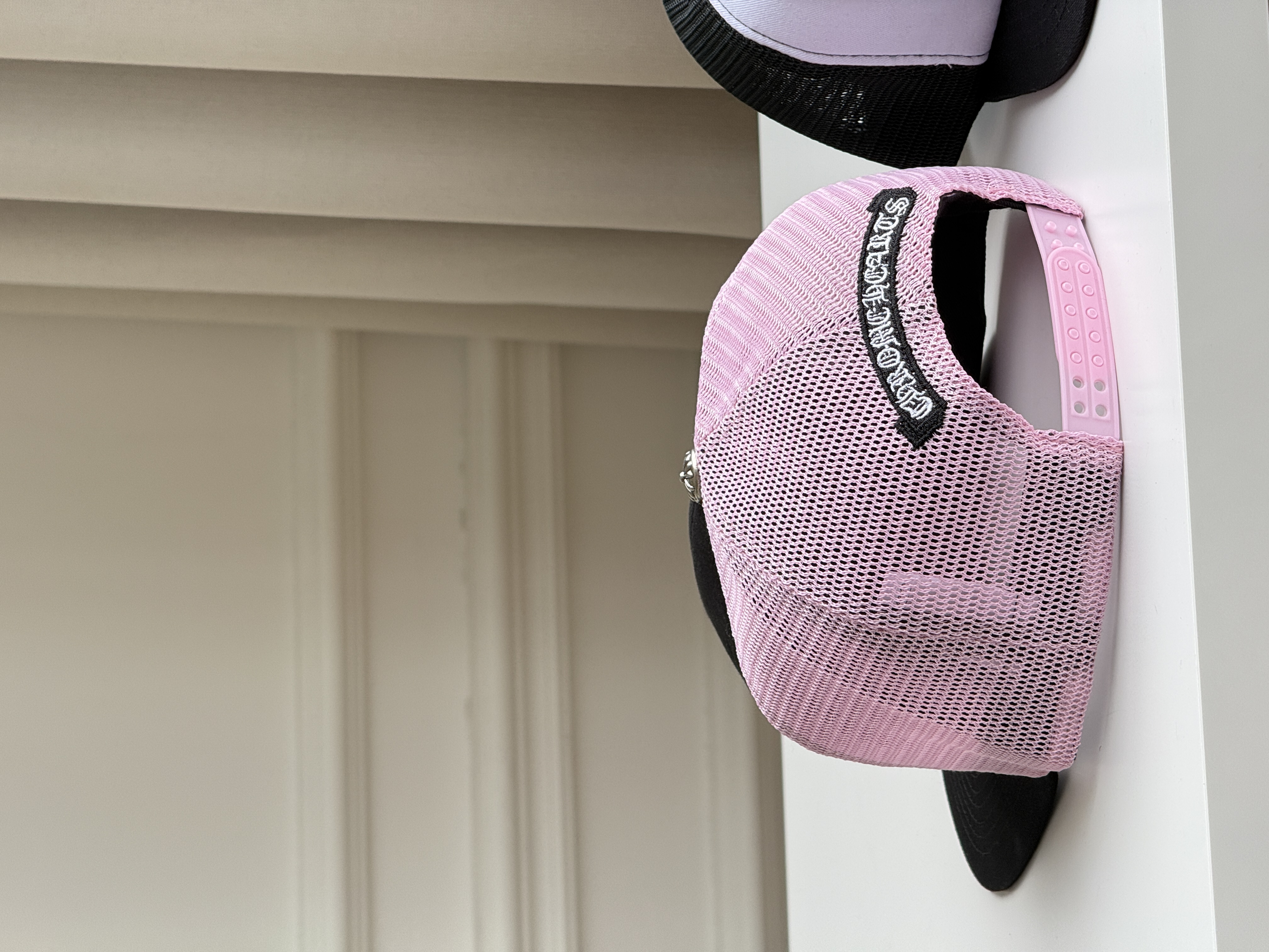 Chrome Hearts Black & Pink Contrast Cross Embroidered Flat Brim Mesh Trucker Cap