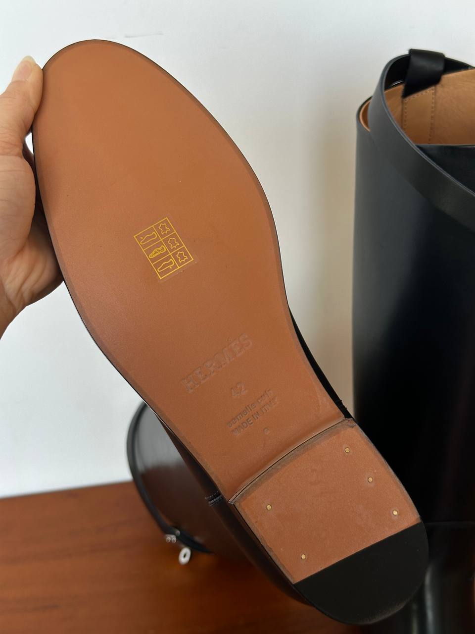 Hermès Kelly Buckle Black Polished Leather Straight Tall Riding Boots