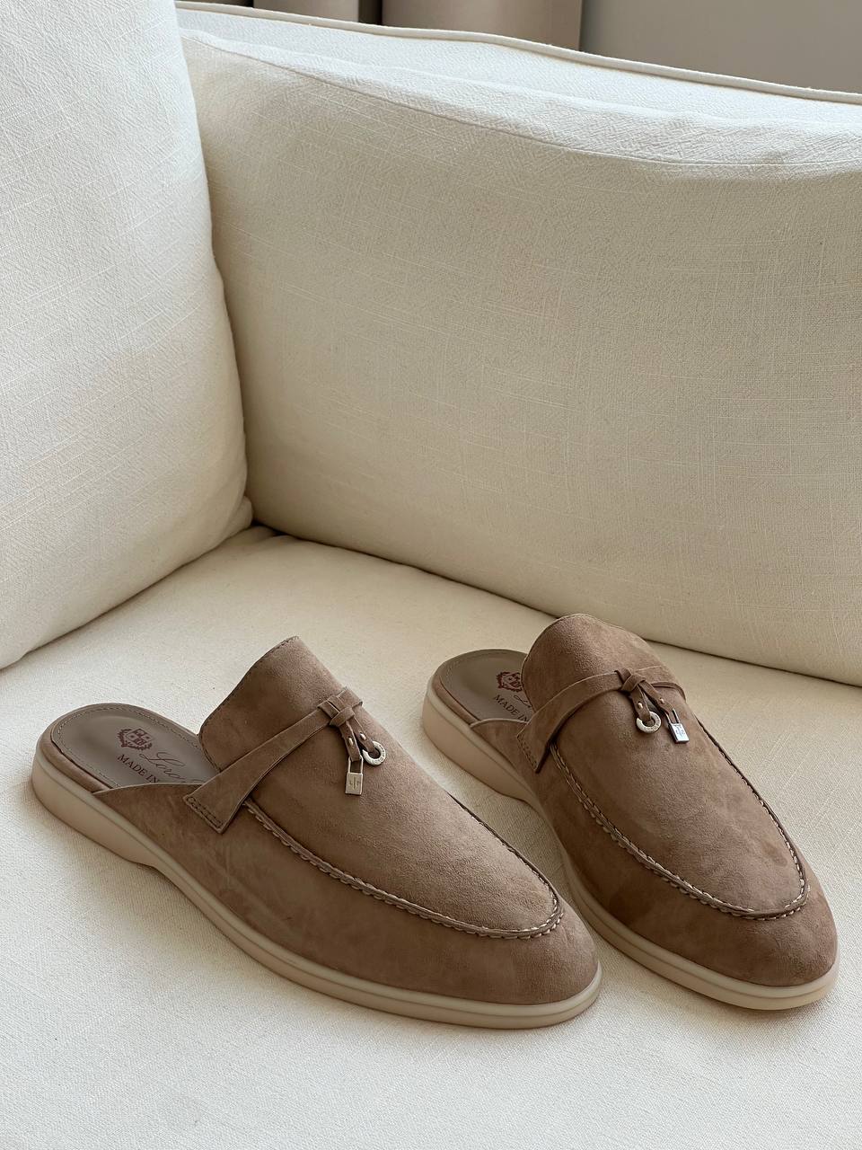 Loro Piana Suede Tassel Charms Backless Loafer Mules