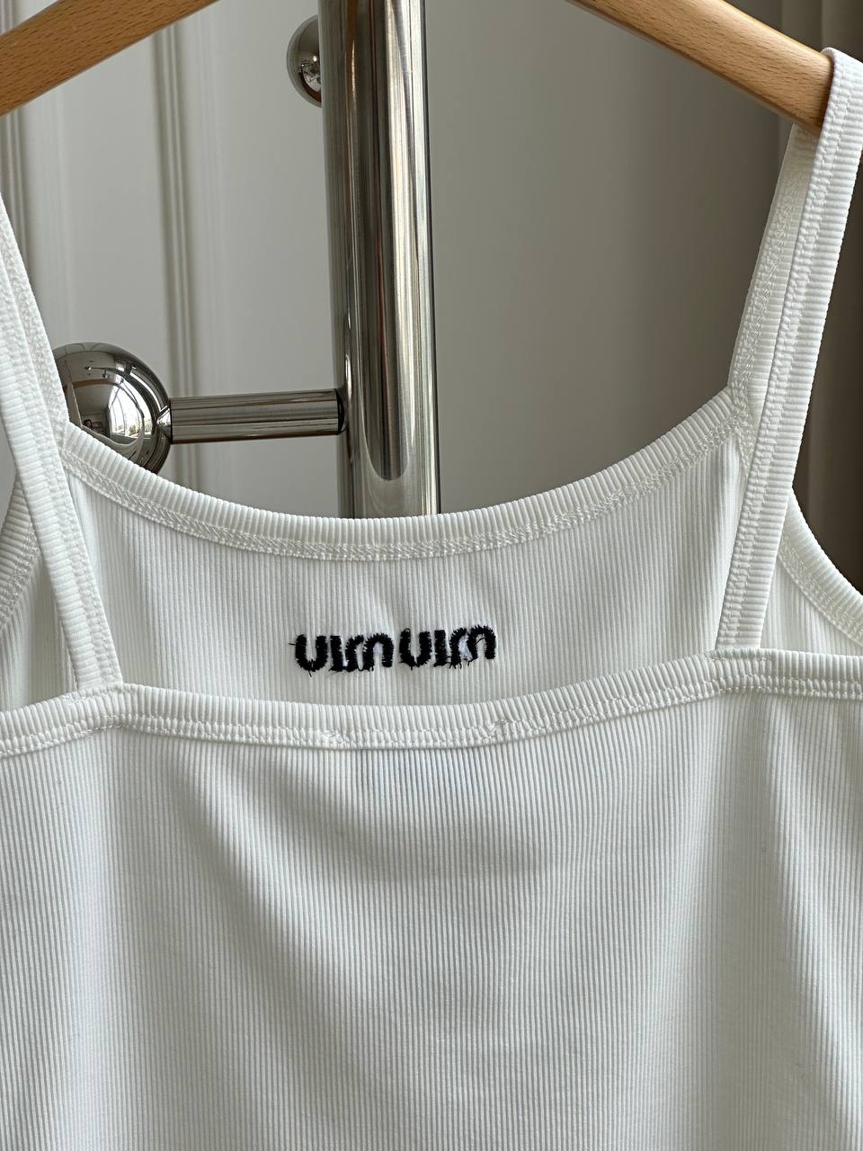 Miu Miu White Ribbed Knit U-Neck Thin Strap Tank Top With Black Embroidery Logo