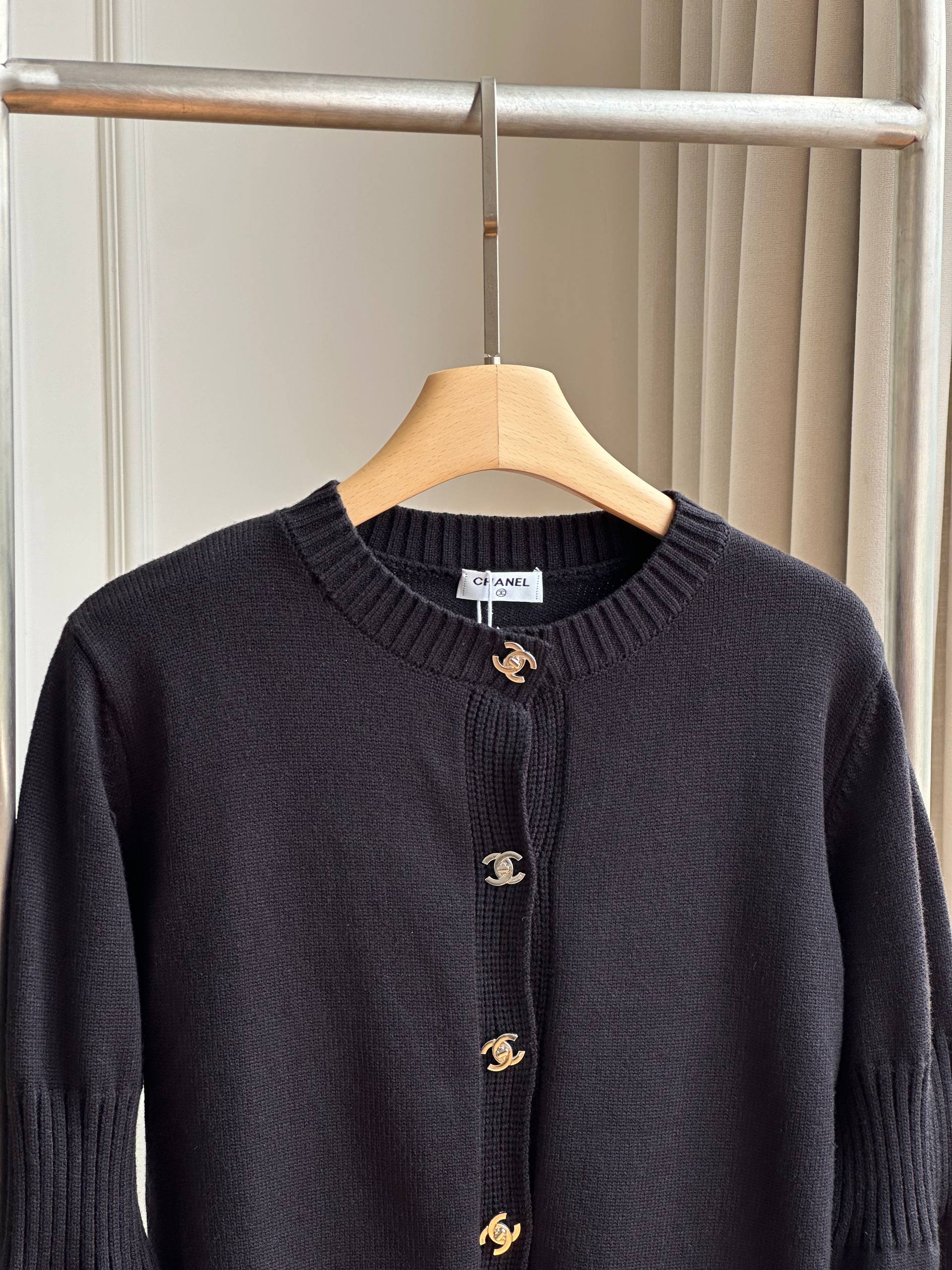 Chanel Classic Double C Buckle Black Crew Neck Knit Cardigan
