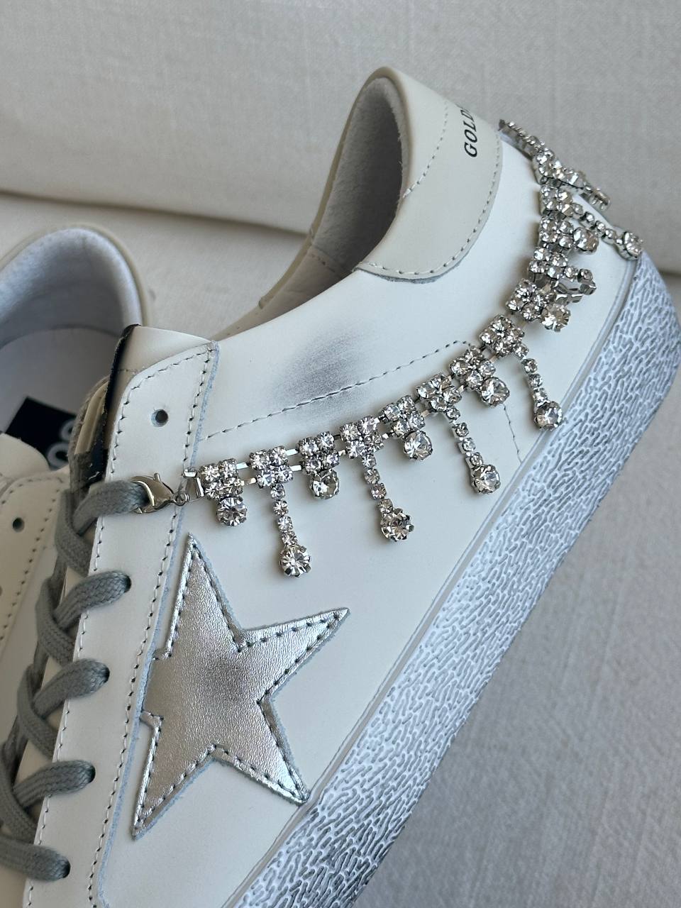 Golden Goose Super-star Crystal Tassel Distressed Star White Sneakers