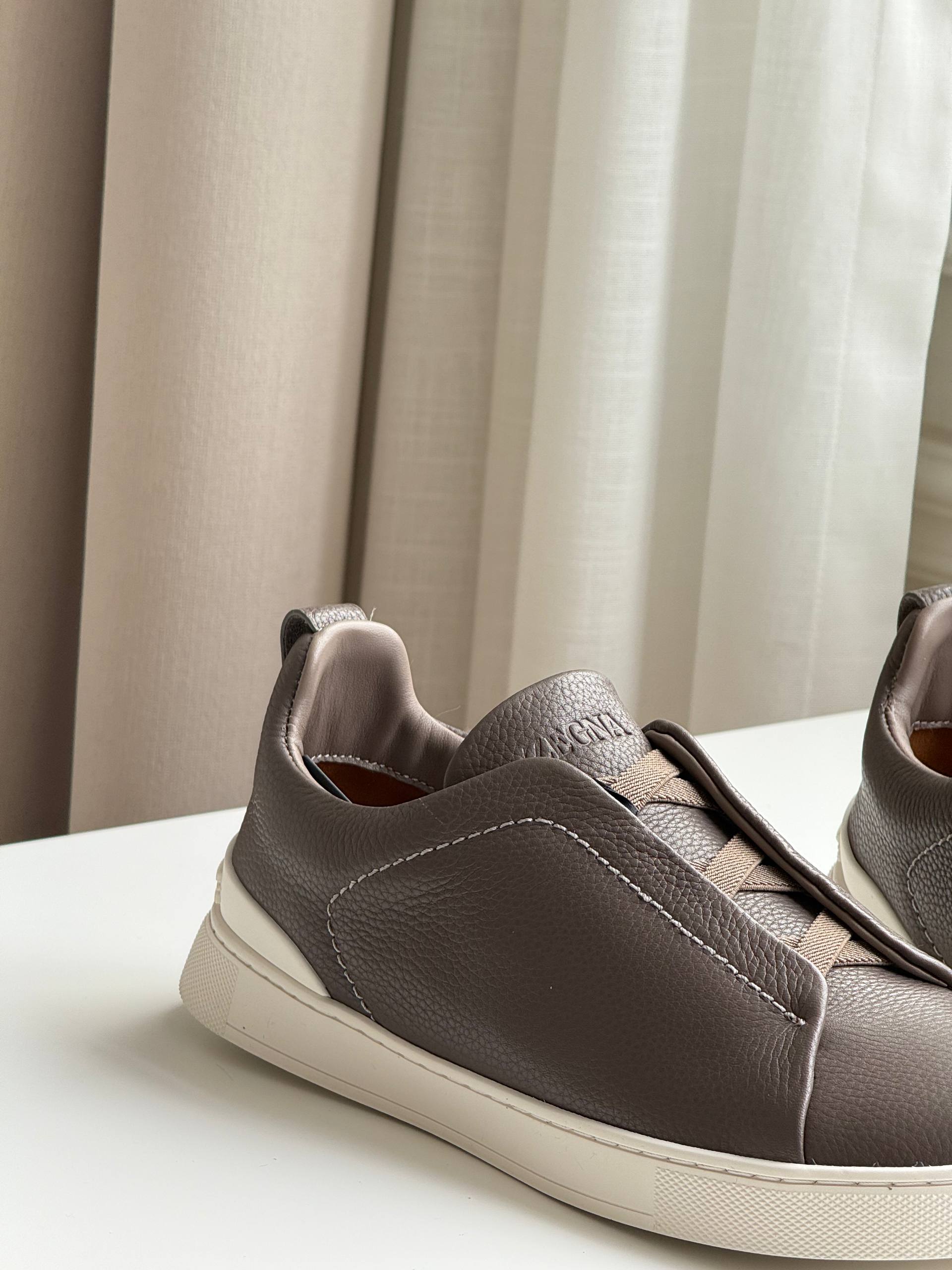 Zegna Triple Stitch Slip-On Elastic Cross Strap Leather Sneakers