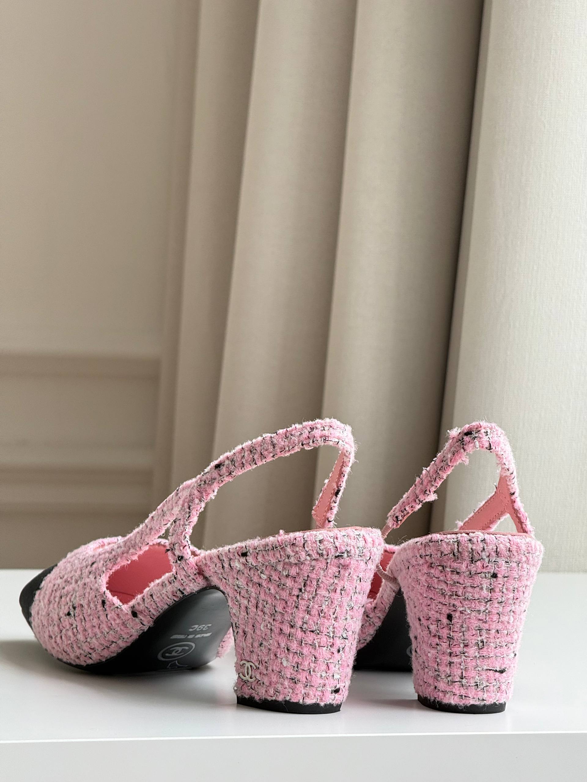 Chanel Two-Tone Tweed Slingback Block Heel Sandals