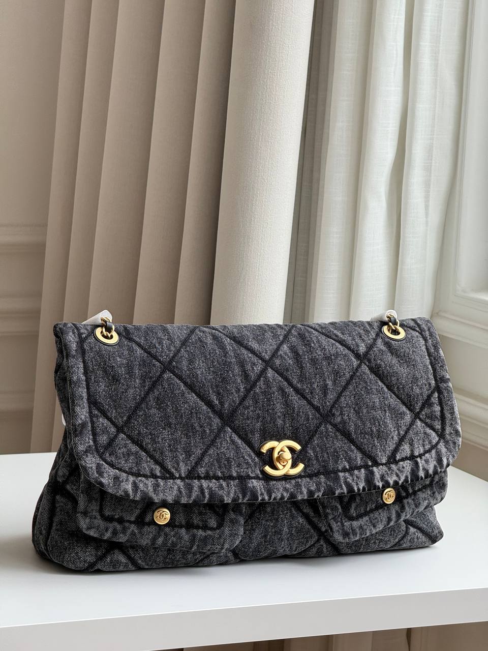 CHANEL Washed Black Denim Quilted Large Flap Bag with Gold-Tone Hardware