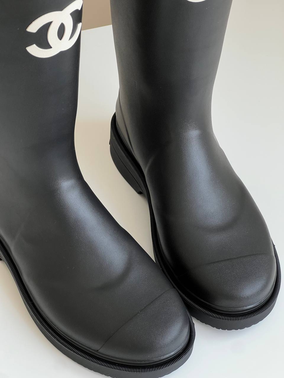 Chanel Black Rubber Tall Rain Boots With White Interlocking CC Logo