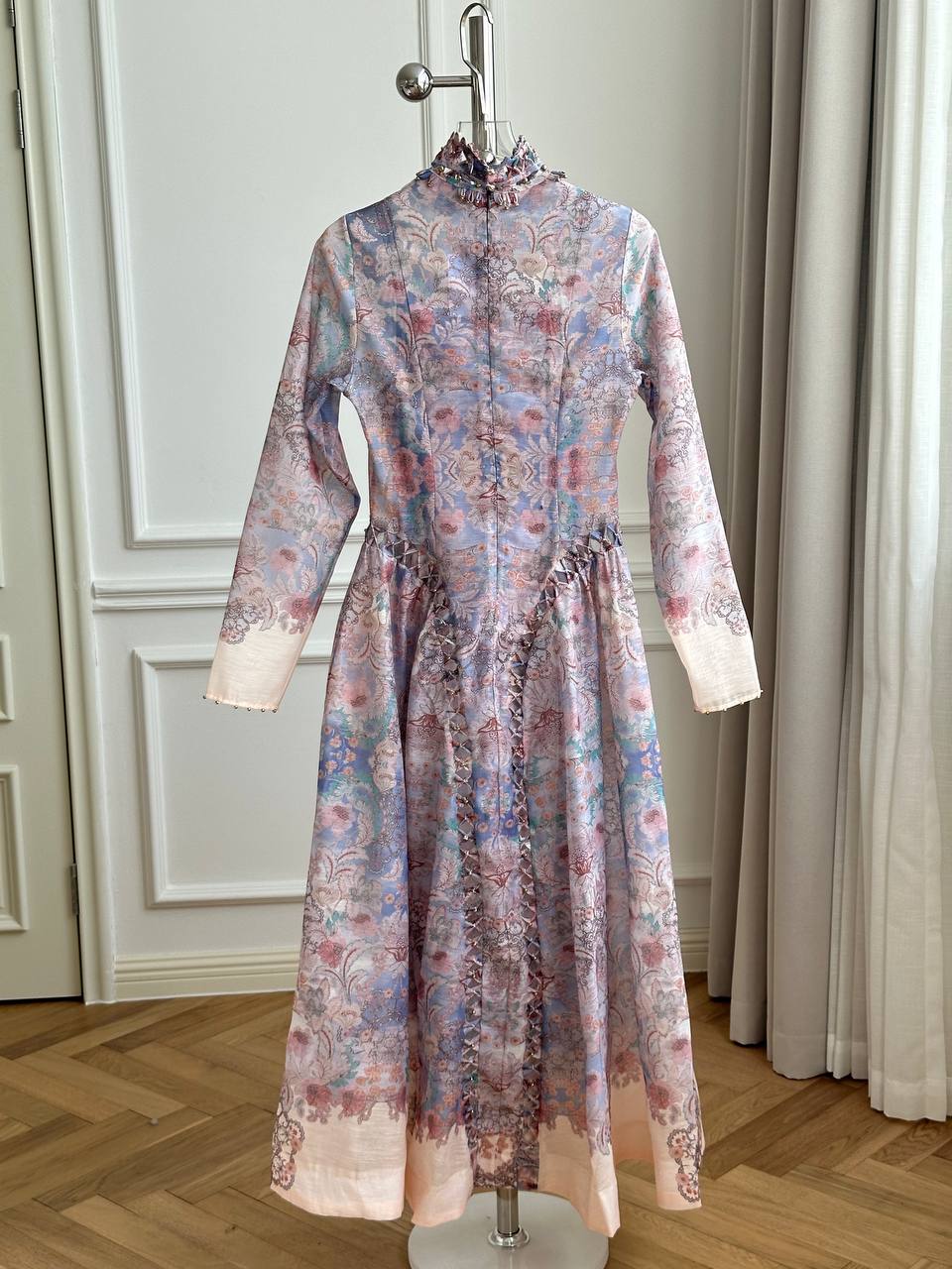 Pink-Purple Gradient Floral Print Ruffle High Neck Cutout Lace-Up Long Sleeve Maxi Dress