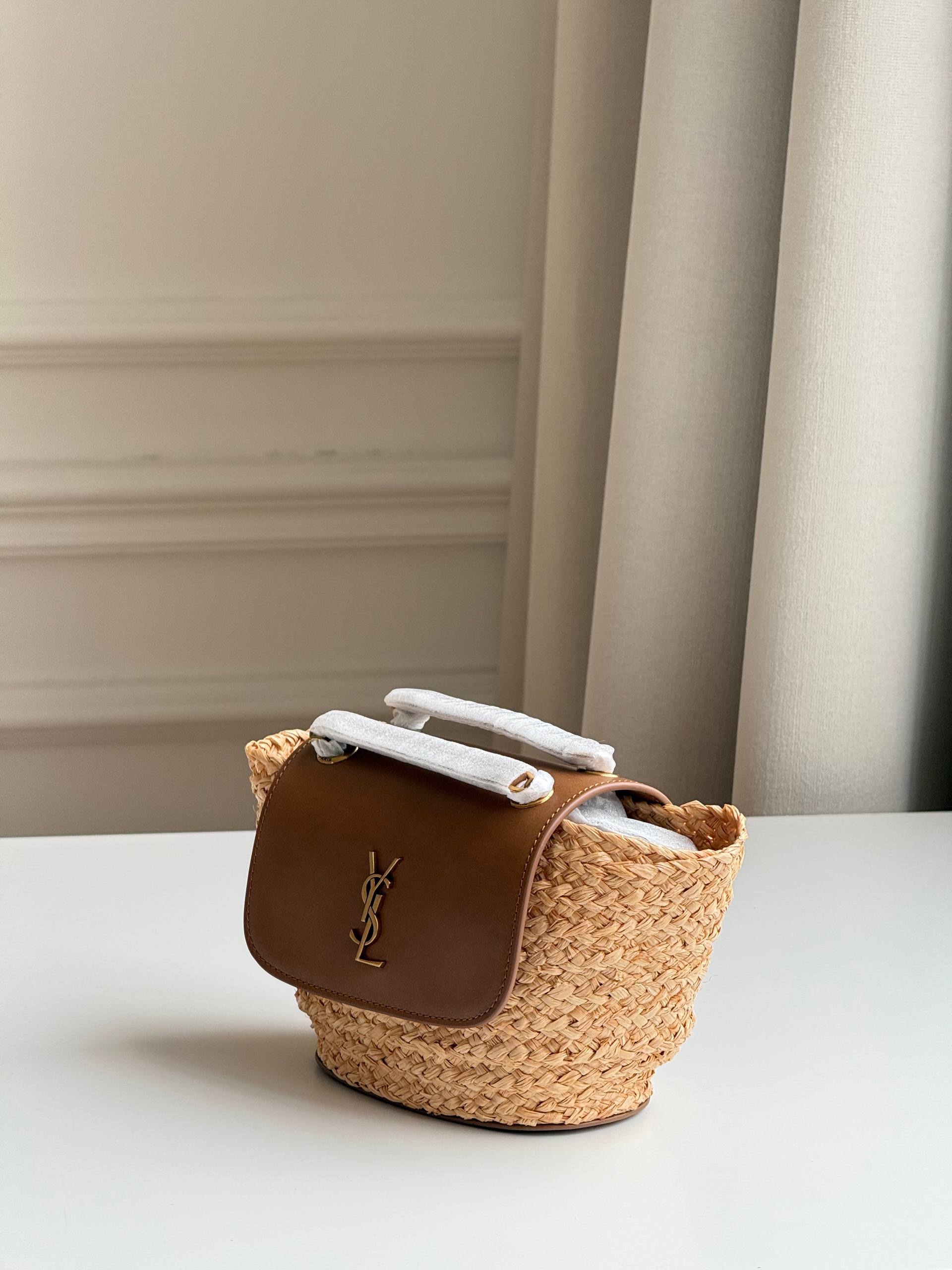 Saint Laurent (YSL) Cassandre Raffia & Leather Mini Bucket Bag