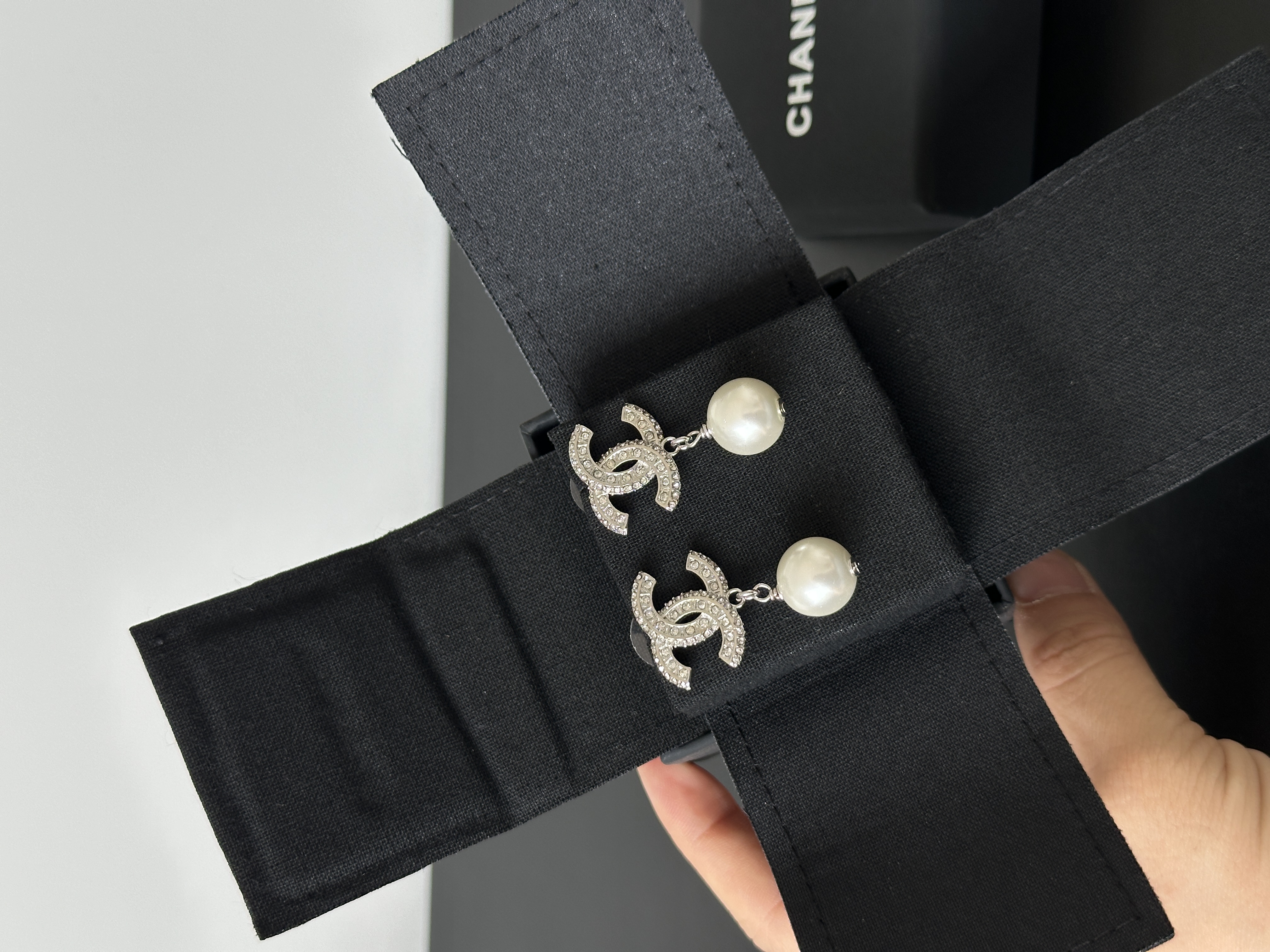 CHANEL Crystal CC Logo Faux Pearl Drop Earrings