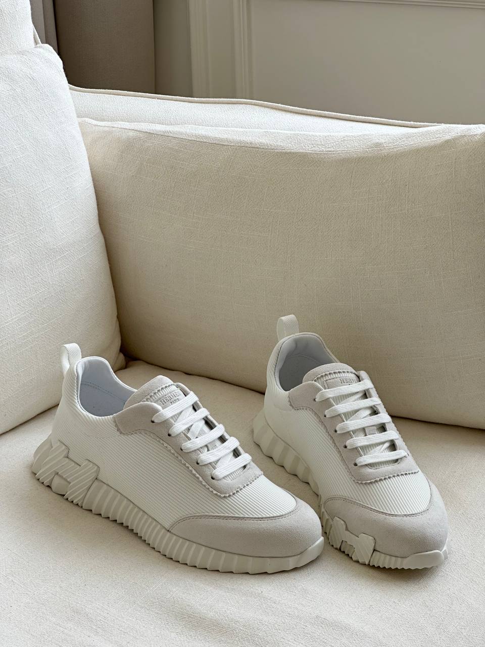 Hermès White Technical Fabric & Suede Chunky Sole Sneaker