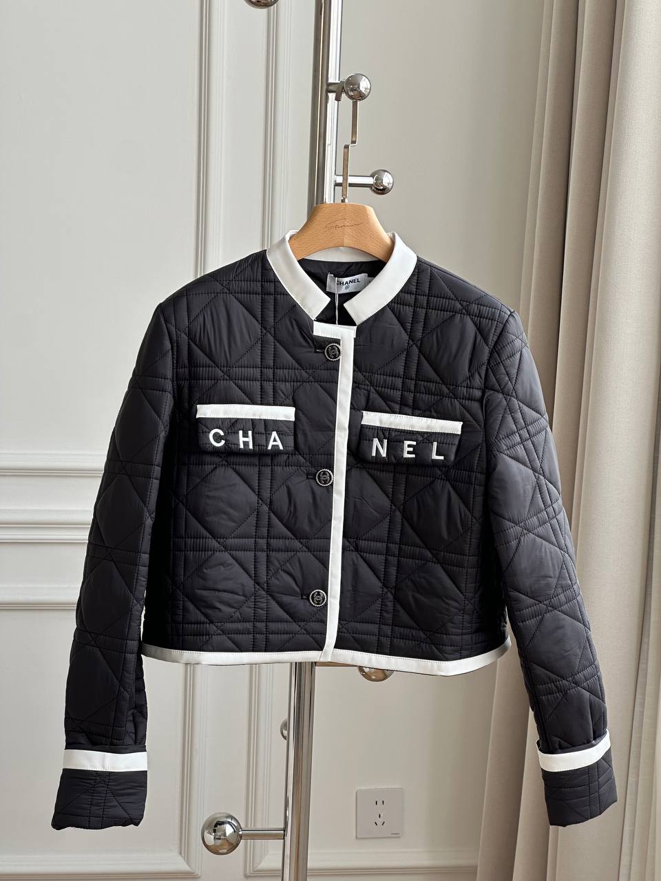 Chanel Black & White Trim Diamond Quilted Letter Pocket Stand Collar Cropped Padded Jacket