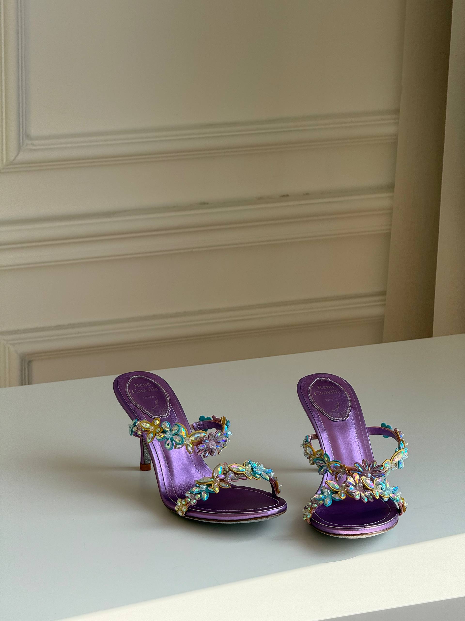 René Caovilla Eden 80 Metallic Purple Leather Floral Crystal Mules