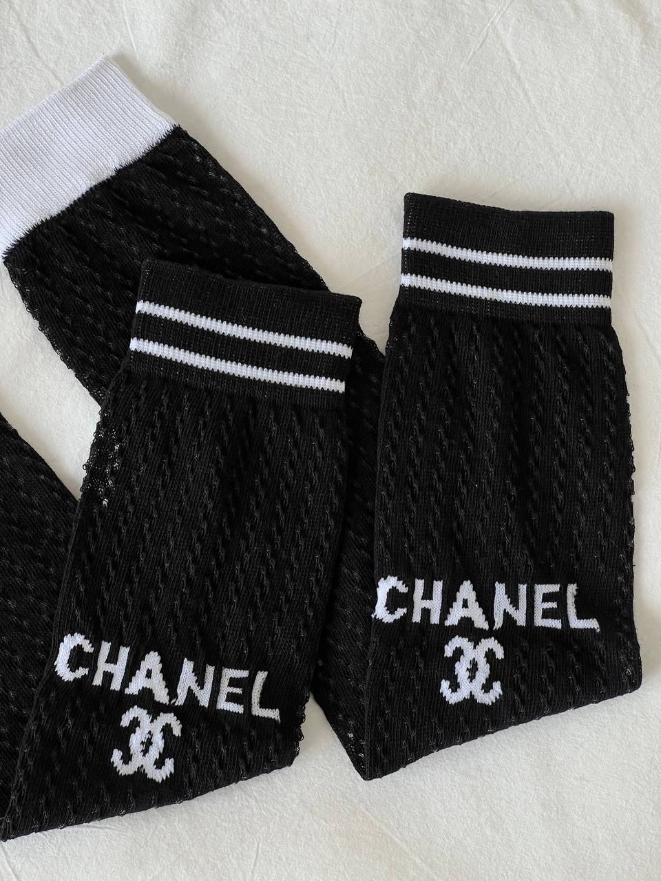 Chanel Black White Mesh Knit CC Logo Leg Warmers