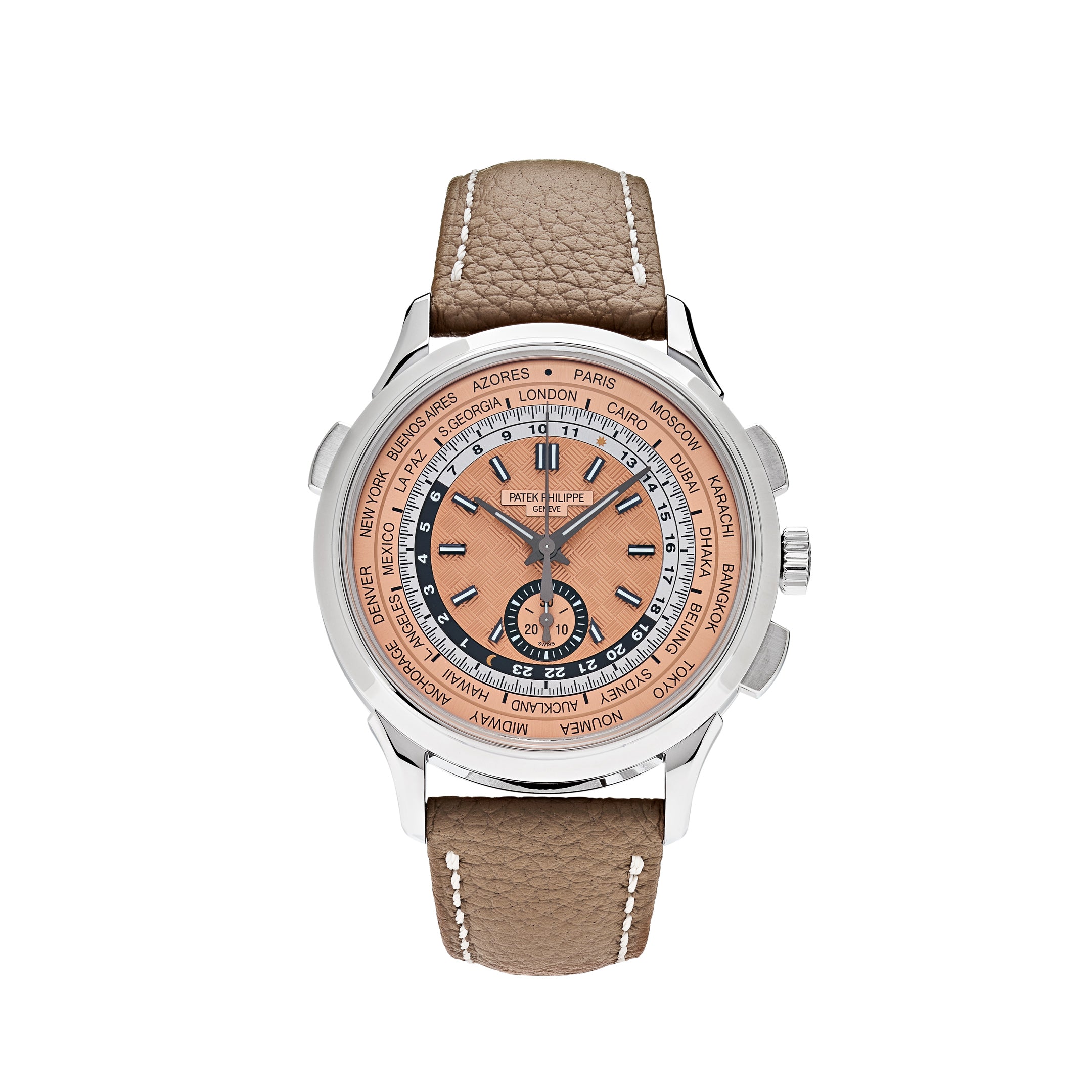 Patek Philippe World Time Flyback Chronograph Steel Opaline Carbon Motif Dial 5935A-001【1:1 Replica】