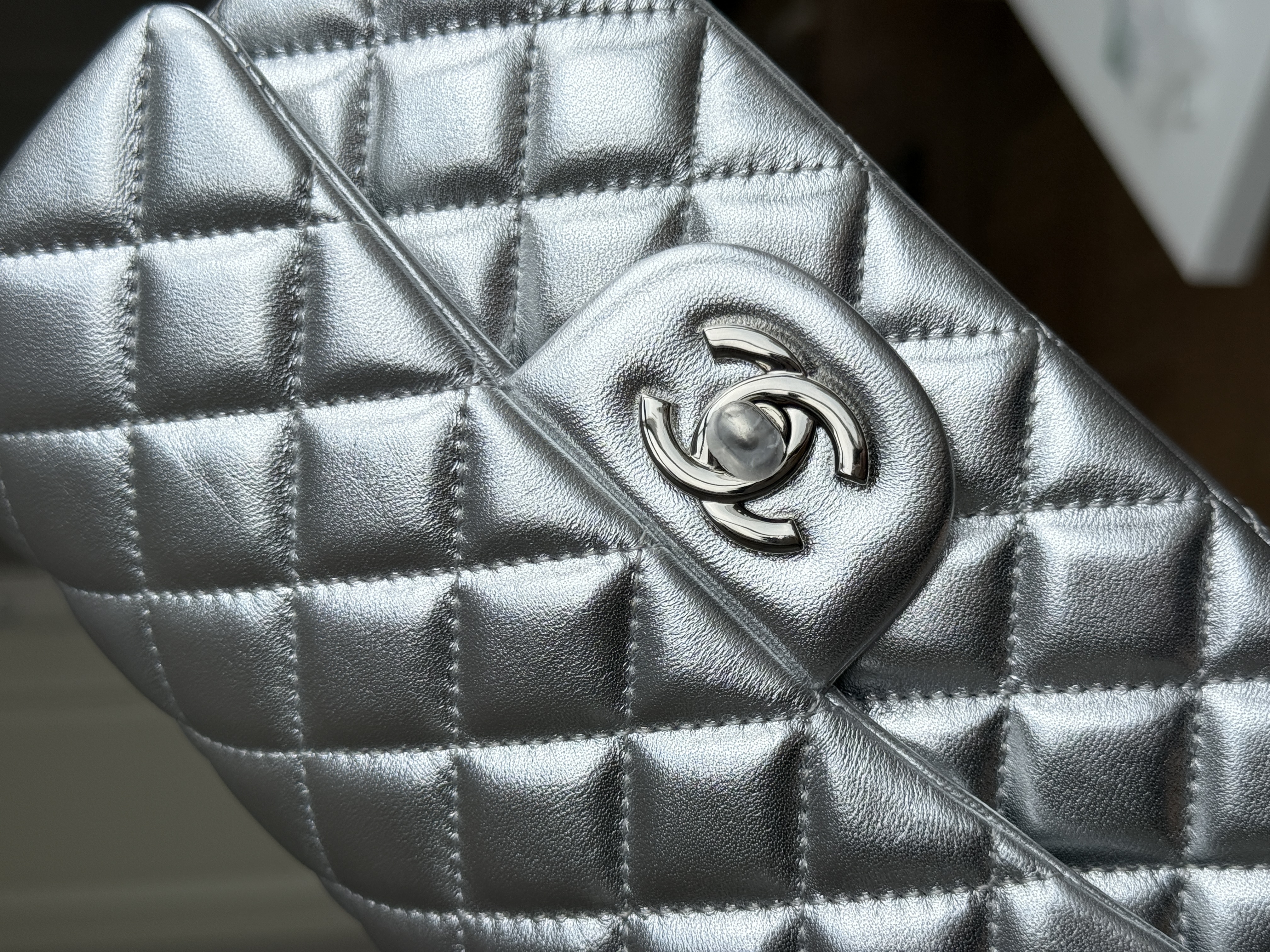 Chanel Silver Metallic Lambskin Mini Classic Flap Silver CC Chain Bag