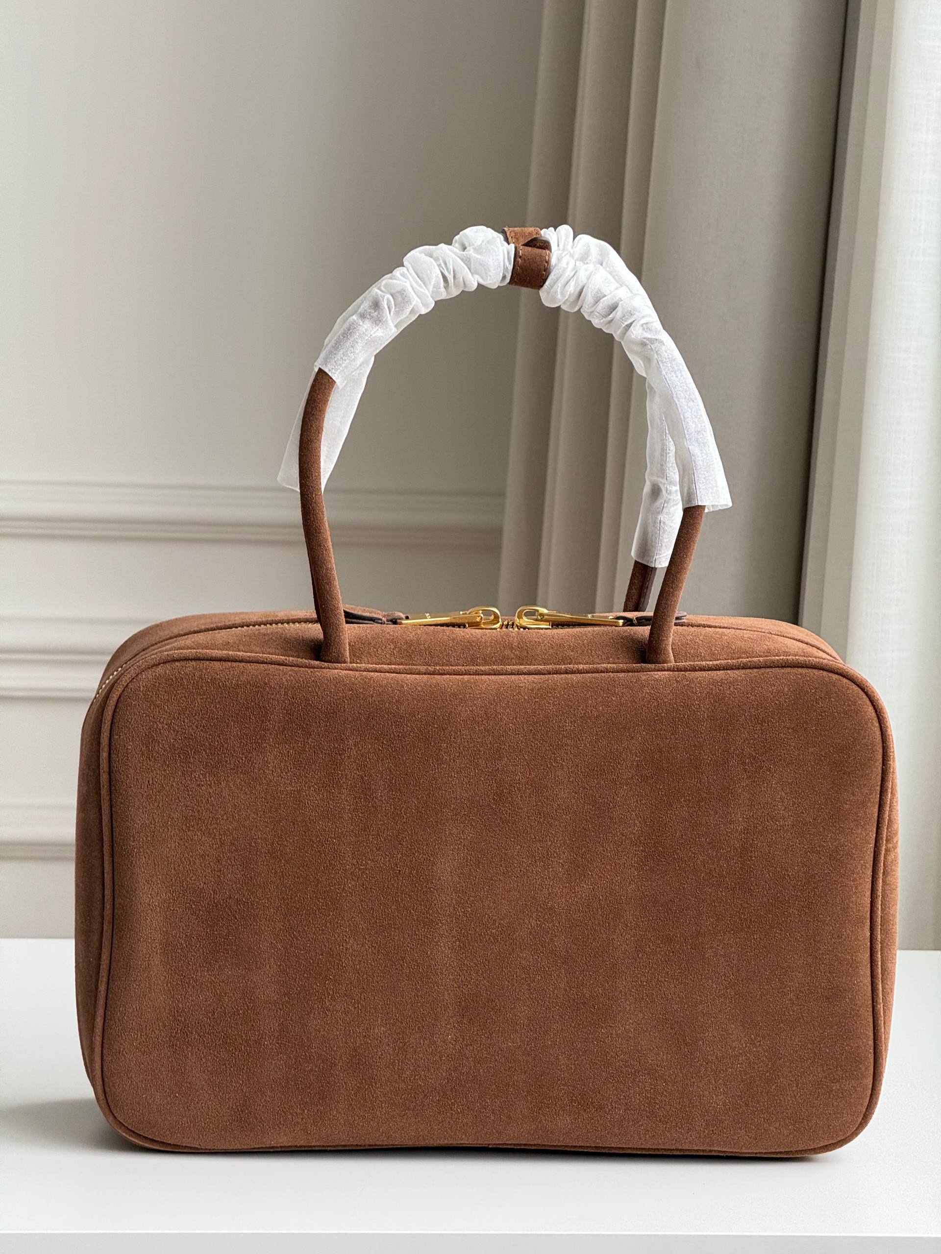 Miu Miu Brown Suede Embossed Logo Handheld Boston Cosmetic Bag