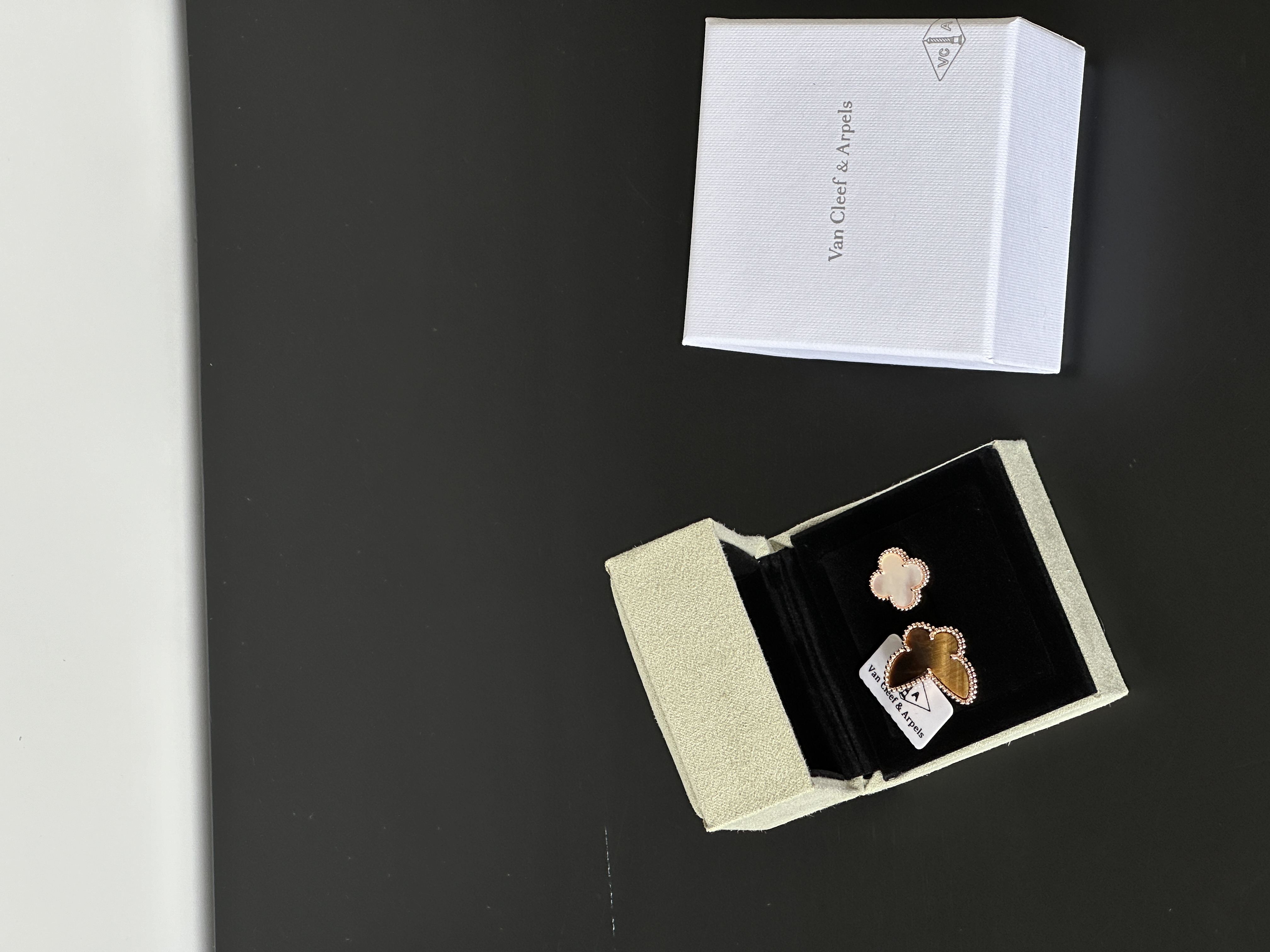 Van Cleef & Arpels Vintage Alhambra Rose Gold Asymmetric Tiger’s Eye & Mother-of-Pearl Clover Earrings