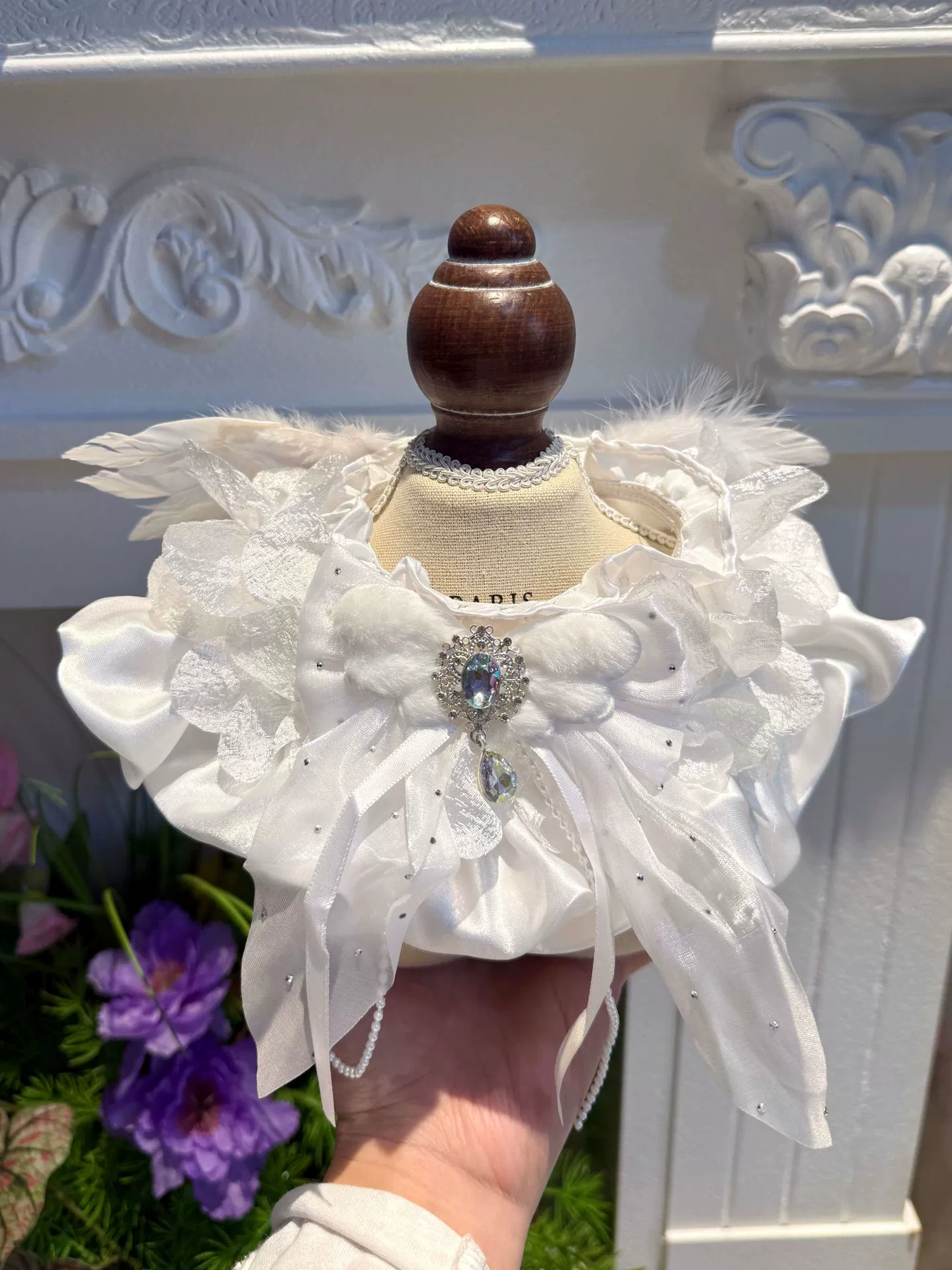Hand-crafted White Angel Lace Ruffle Pet Bib Elastic Neck Scarf with Feather Bow Gemstone Decor - MAISONKAIRON