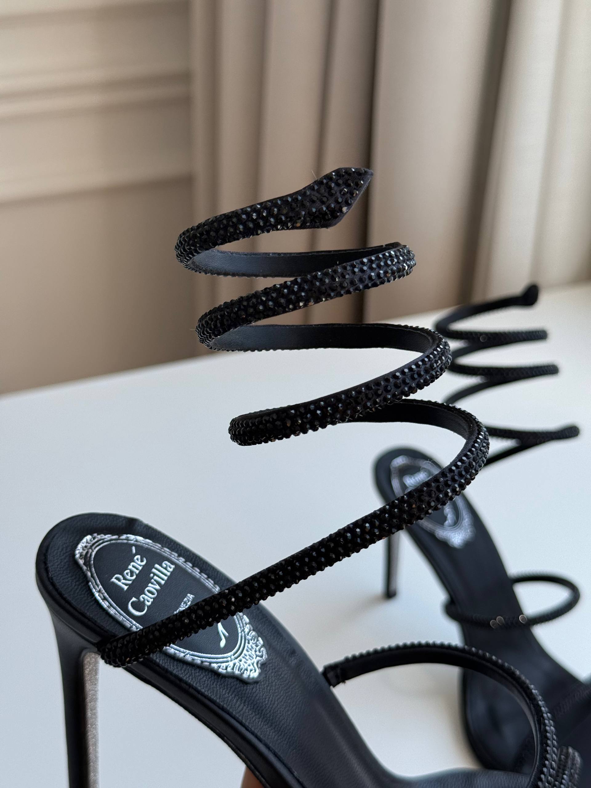 René Caovilla Cleo Black Crystal-Embellished Satin Sandals