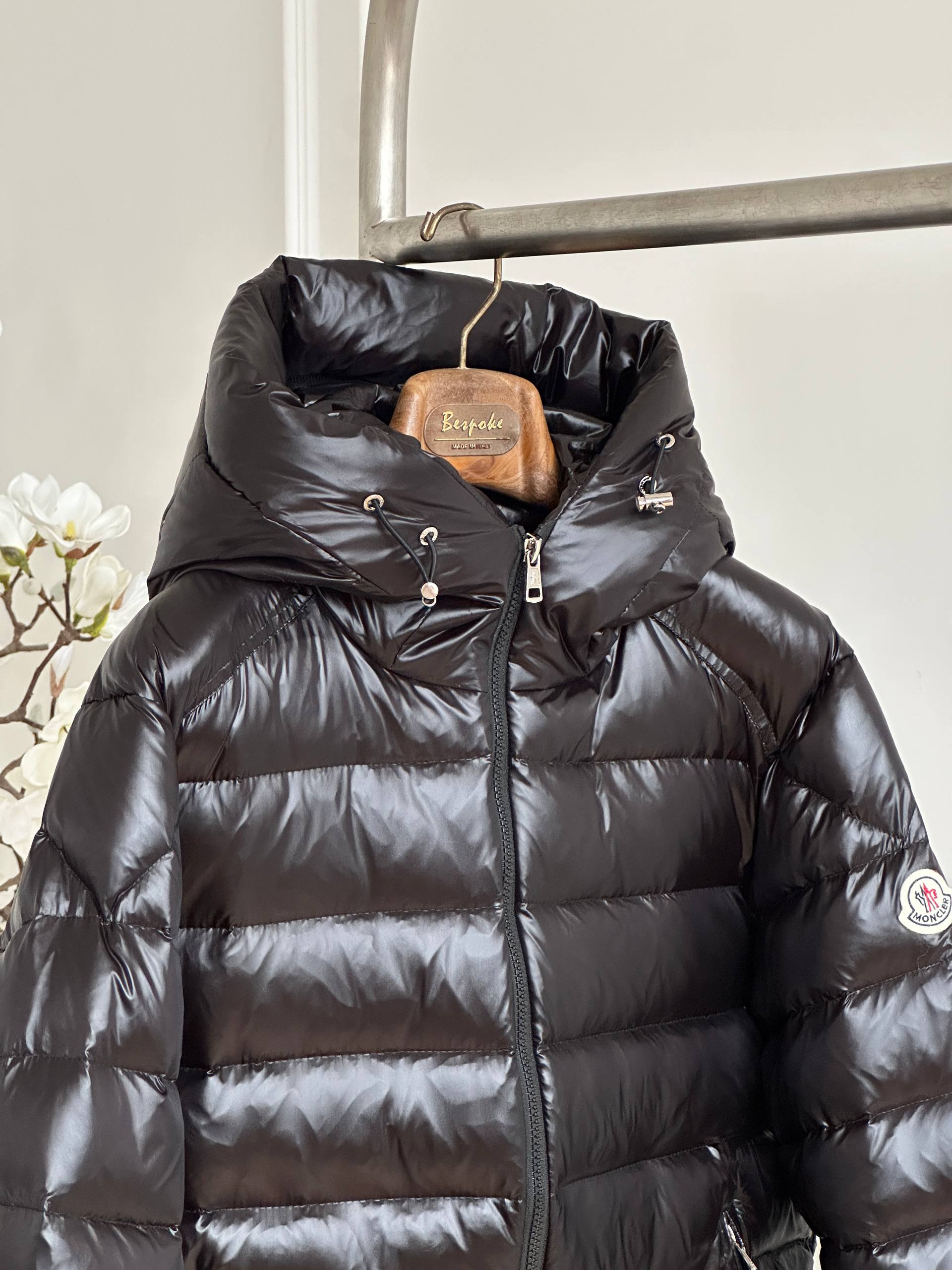 Moncler Black Shiny Quilted Hooded Light Down Jacket