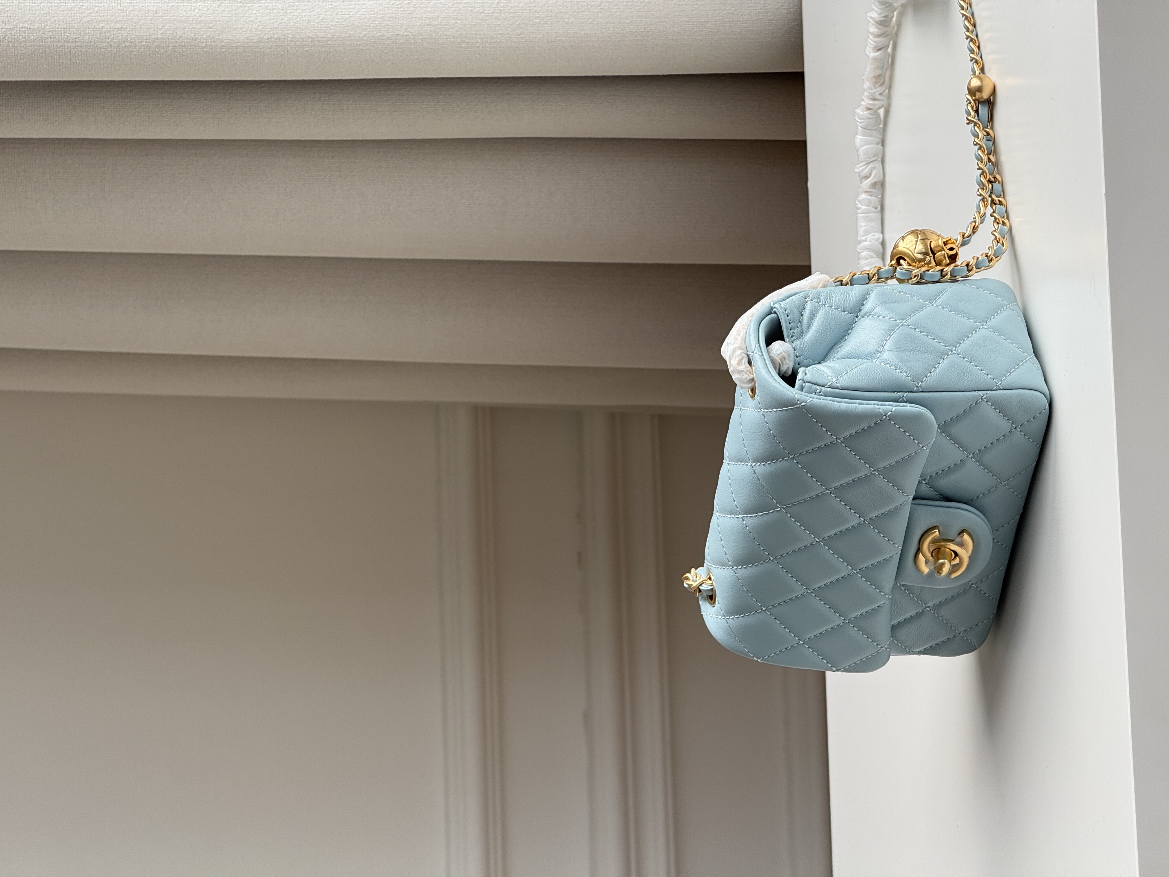 Chanel Baby Blue Lambskin Mini Classic Flap Gold CC Chain Bag