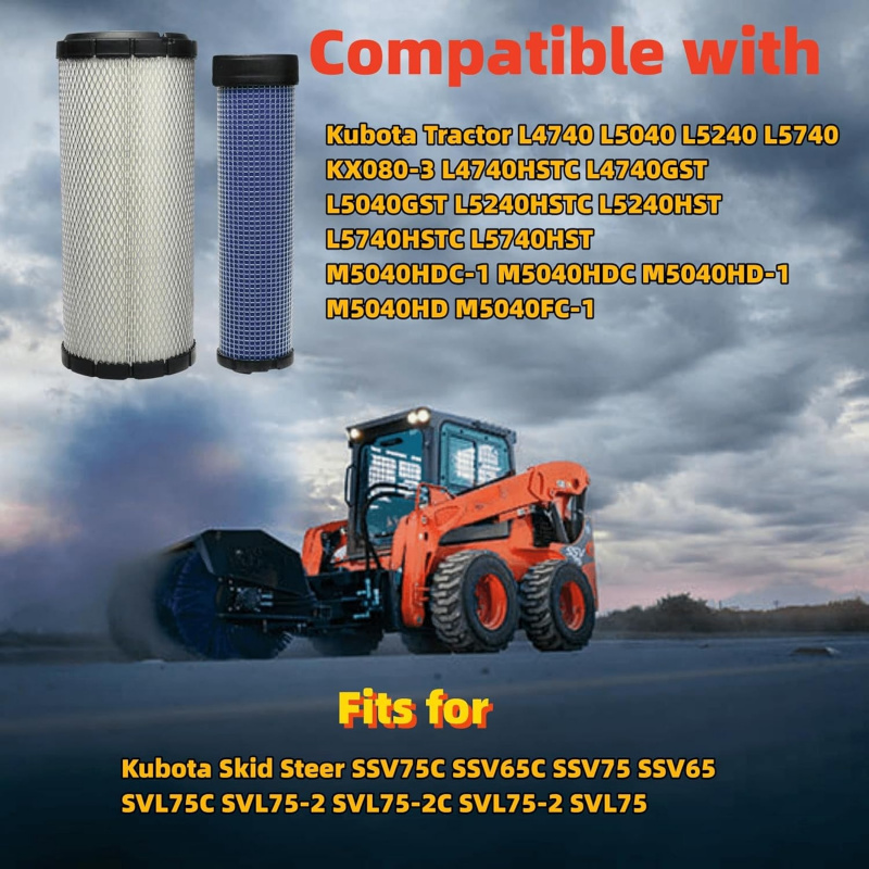 59800-26110 3A111-19130 Air Filter Kit Compatible with Kubota Skid Steer SSV75C SSV65C SSV65 SVL75-2 Excavator KX080-4 KX080-3 Tractor L4740 L5040 L5240