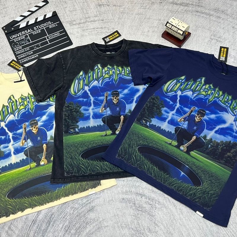 Godspeed Skeleton Golfer Lightning Graphic Vintage Short Sleeve T‑Shirt