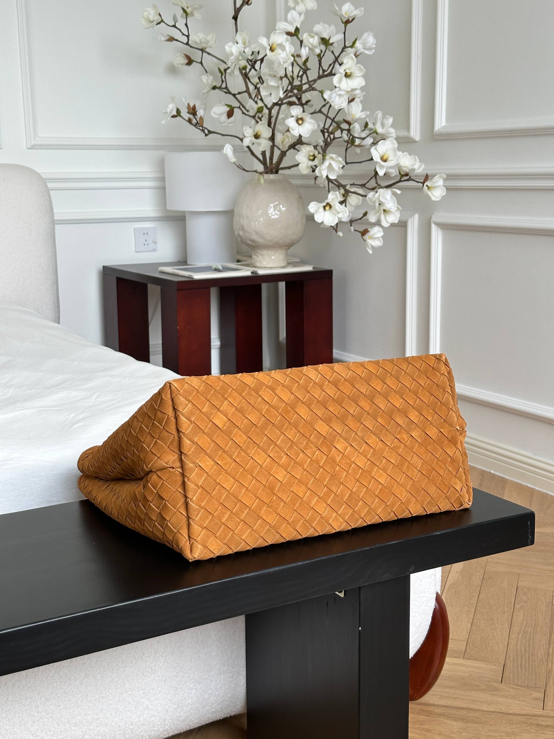 Bottega Veneta Caramel Suede Intrecciato Woven Andiamo Large Tote Bag