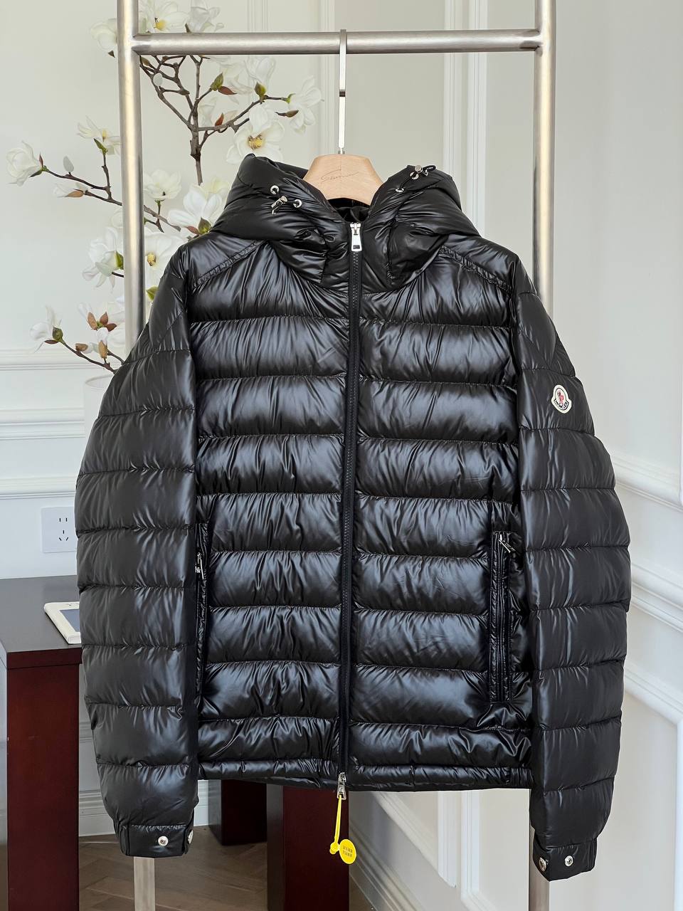Moncler Black Gloss Horizontal Quilted Hooded Light Down Jacket
