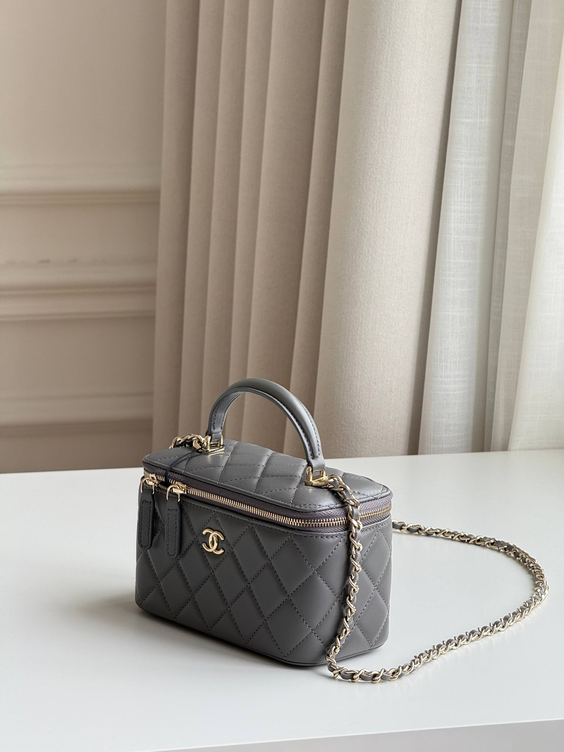 CHANEL Grey Quilted Lambskin Vanity Case with Top Handle & Chain Strap