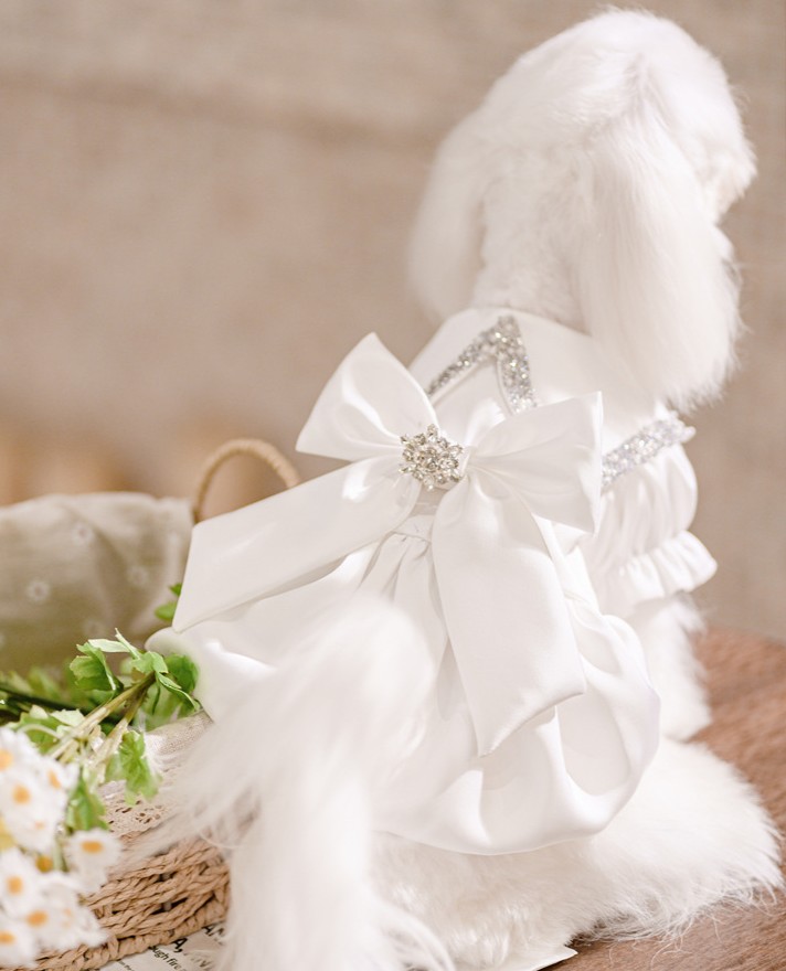 White Satin Wedding Dress Rhinestone Bow Bubble Hem Formal Outfit for Small Dogs Cats - MAISONKAIRON