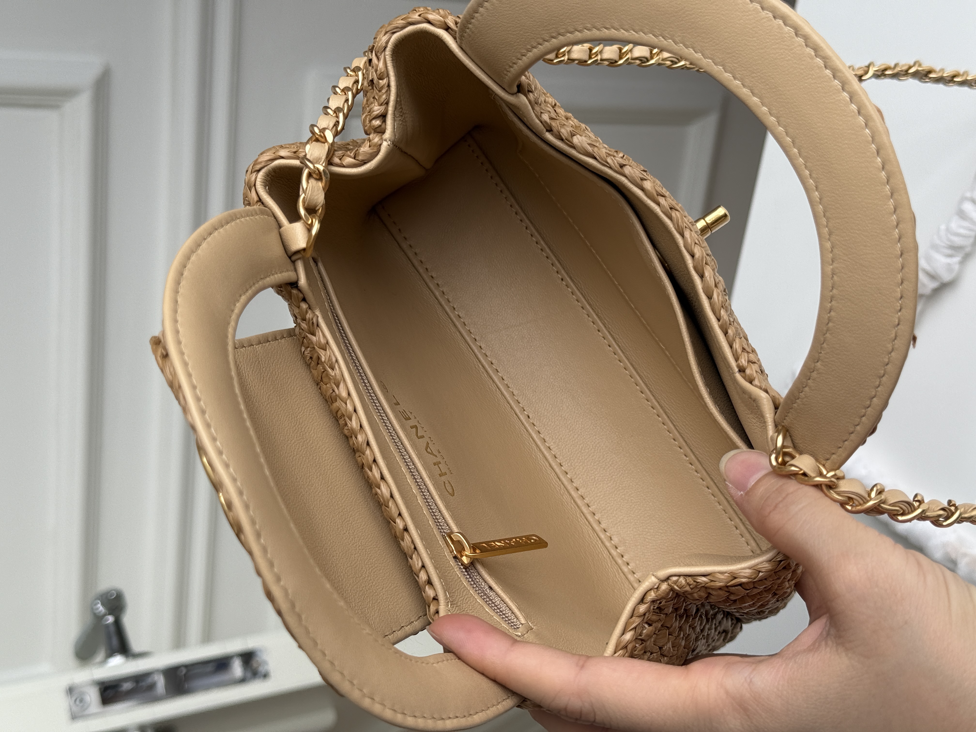CHANEL Light Brown Raffia Woven Mini CC Flap Handbag