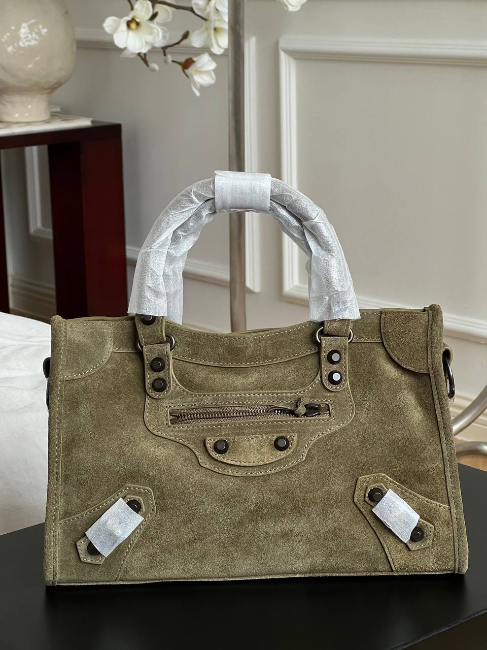 Balenciaga Khaki Suede Le City Vintage Rivet Handbag Crossbody
