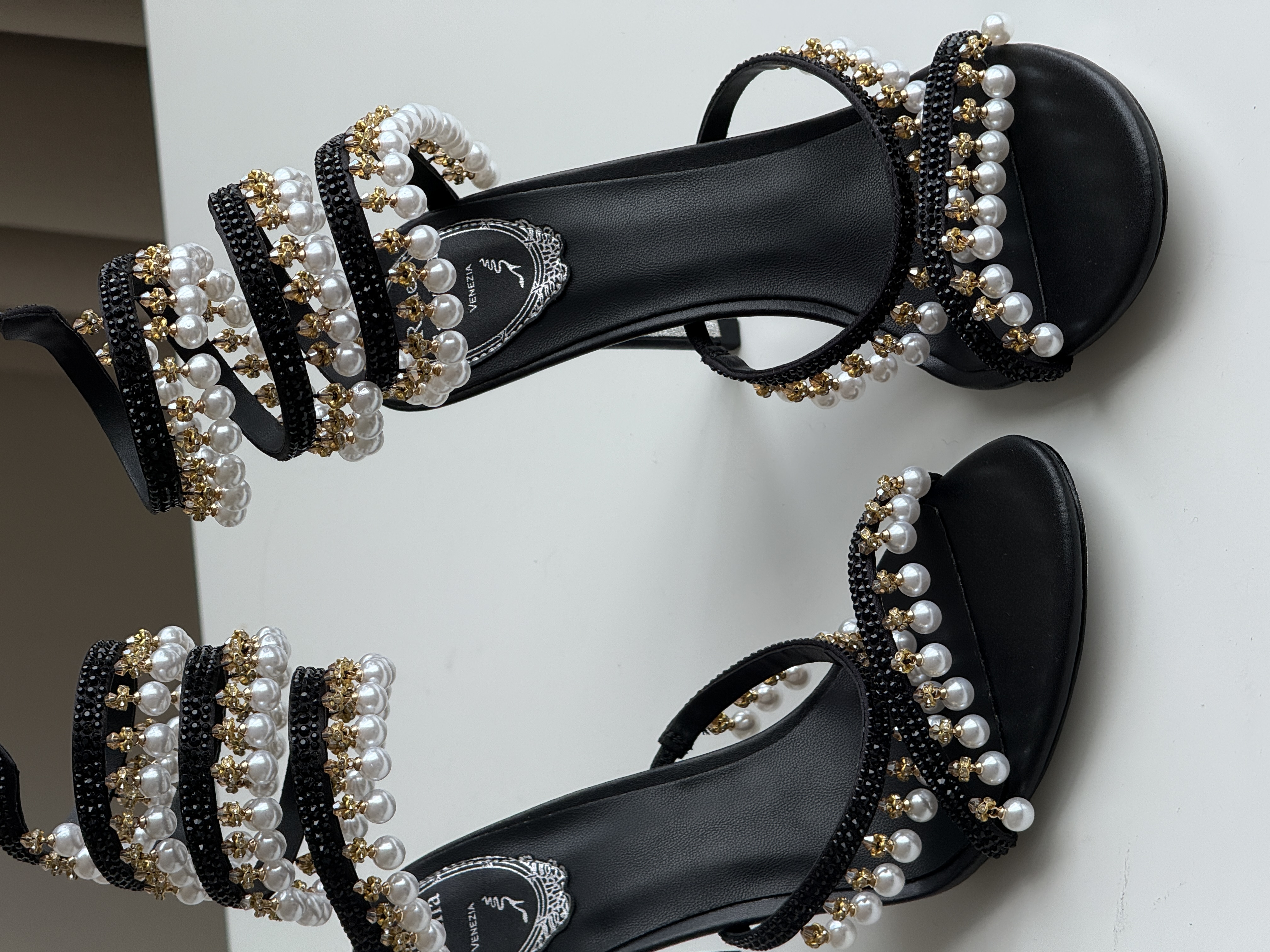 René Caovilla Pearl Wrapped Snake Thin Heel Sandals