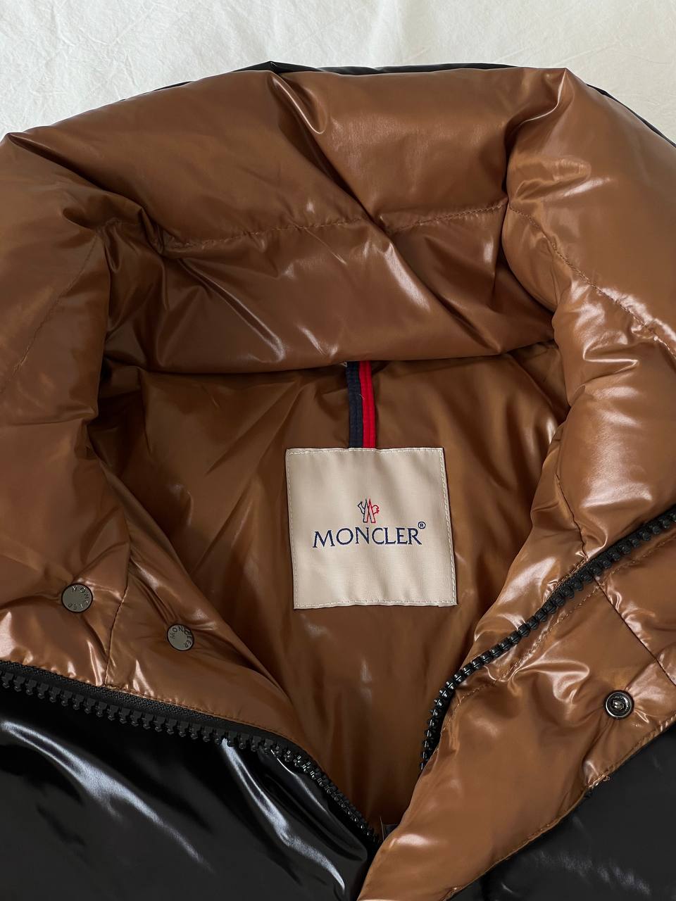 Moncler Black Shiny Nylon Contrast Brown Lining Detachable Hood Down Jacket