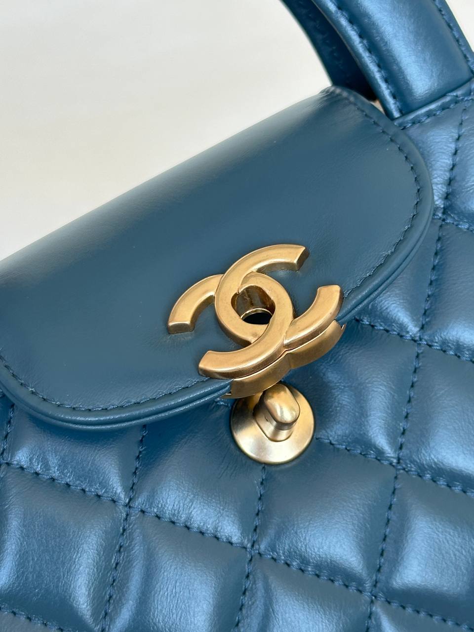 Chanel Smoky Blue Lambskin Quilted Mini Kelly Top Handle Bag