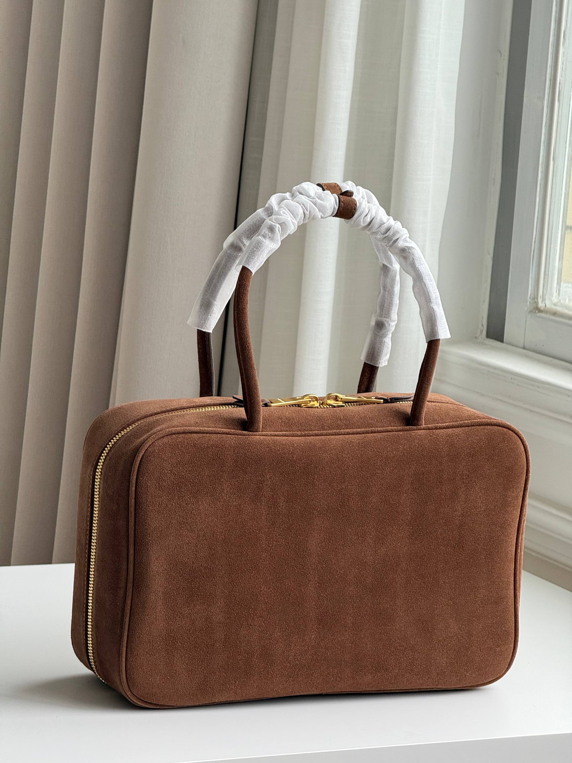 Miu Miu Brown Suede Embossed Logo Handheld Boston Cosmetic Bag