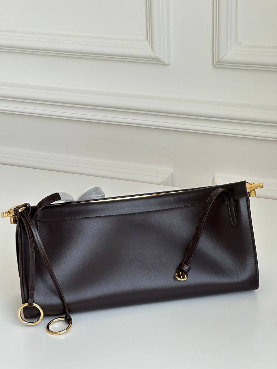 ALAÏA Dark Brown Smooth Calfskin Ruched Long Shoulder Bag, Detachable Strap Compatible