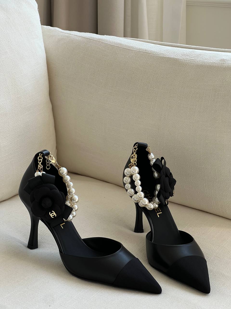 CHANEL Black Leather Satin Camellia Pearl Chain Slingback Pointed Stiletto Sandals