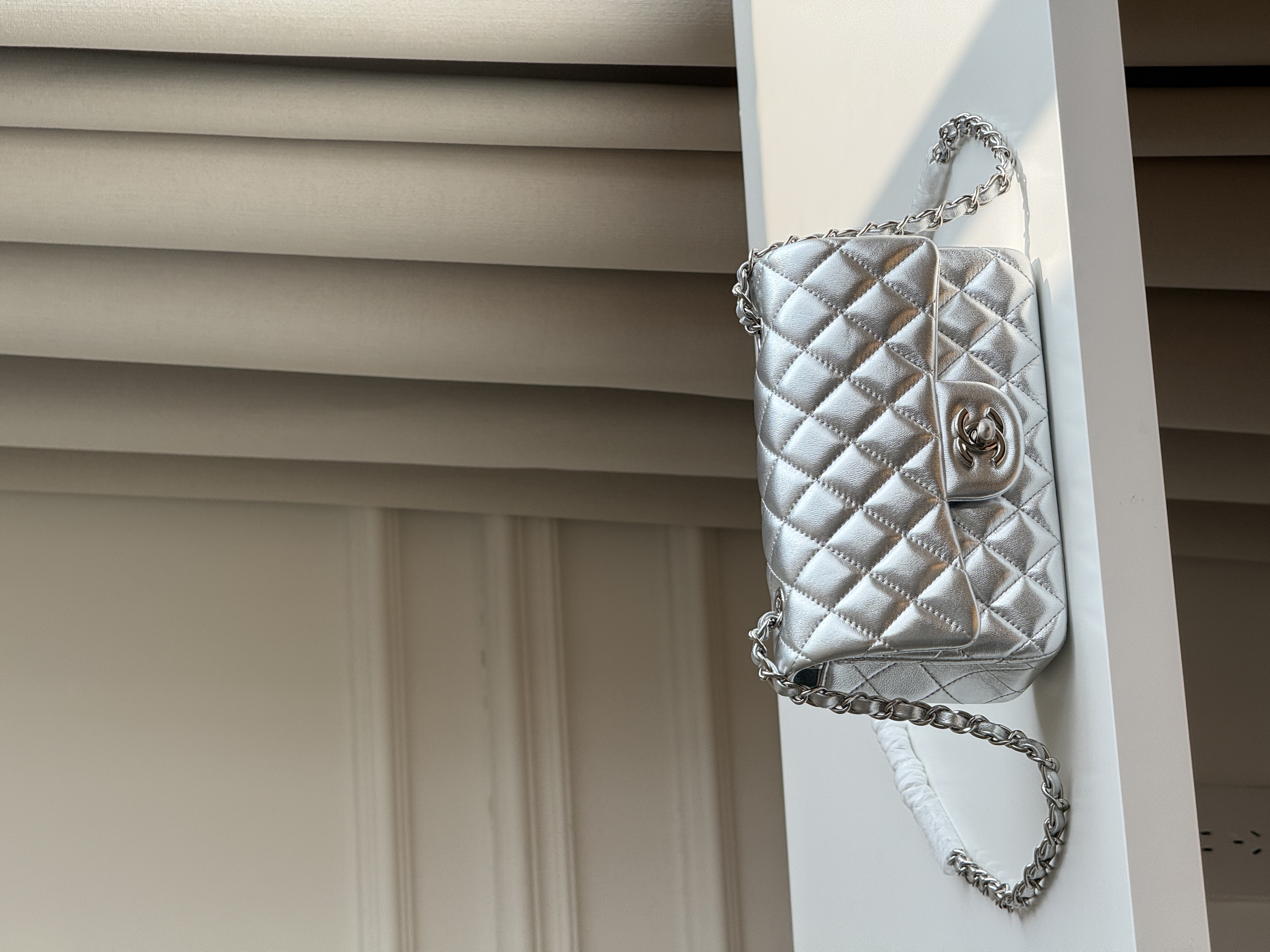 Chanel Silver Metallic Lambskin Mini Classic Flap Silver CC Chain Bag