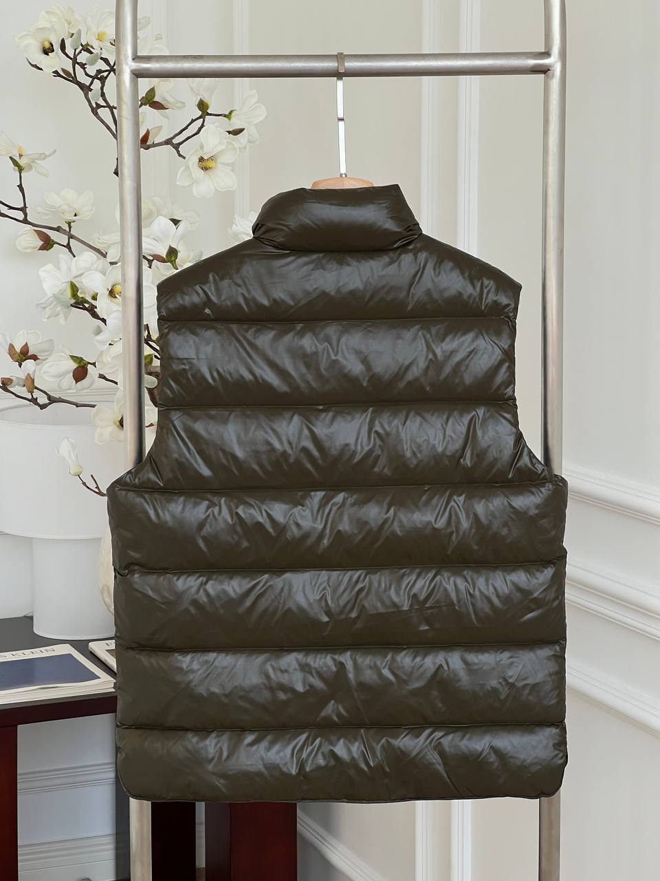 Moncler Olive Shiny Nylon Stand Collar Light Down Gilet Vest