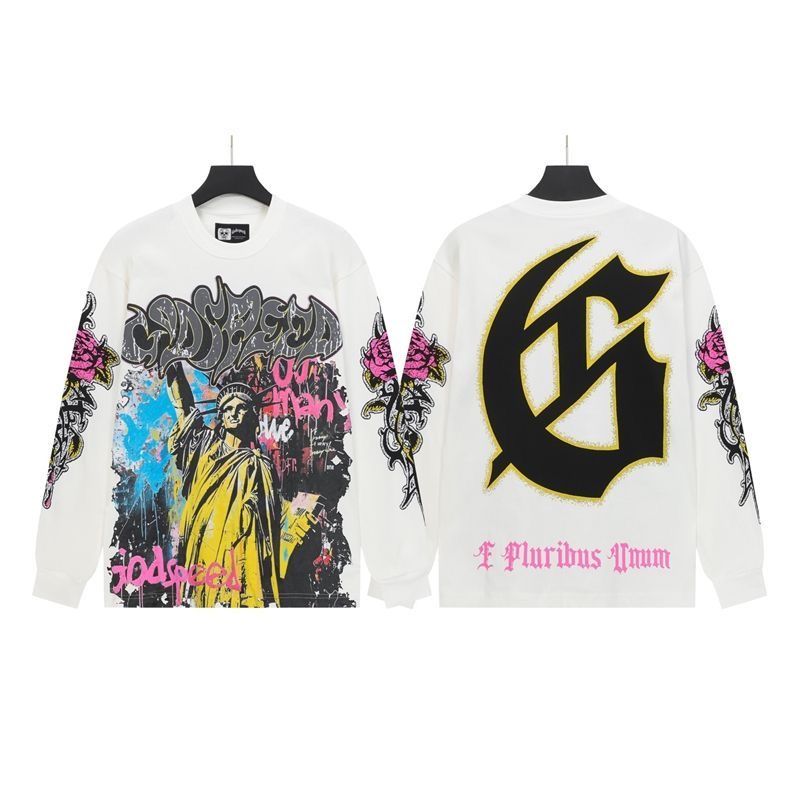 Godspeed Retro Statue of Liberty Washed Cotton Printed Street Loose Long Sleeve T-shirt