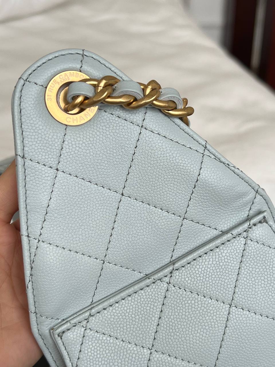Chanel Pale Ice Blue Caviar Leather CC Drawstring Quilted Flap Bucket Bag