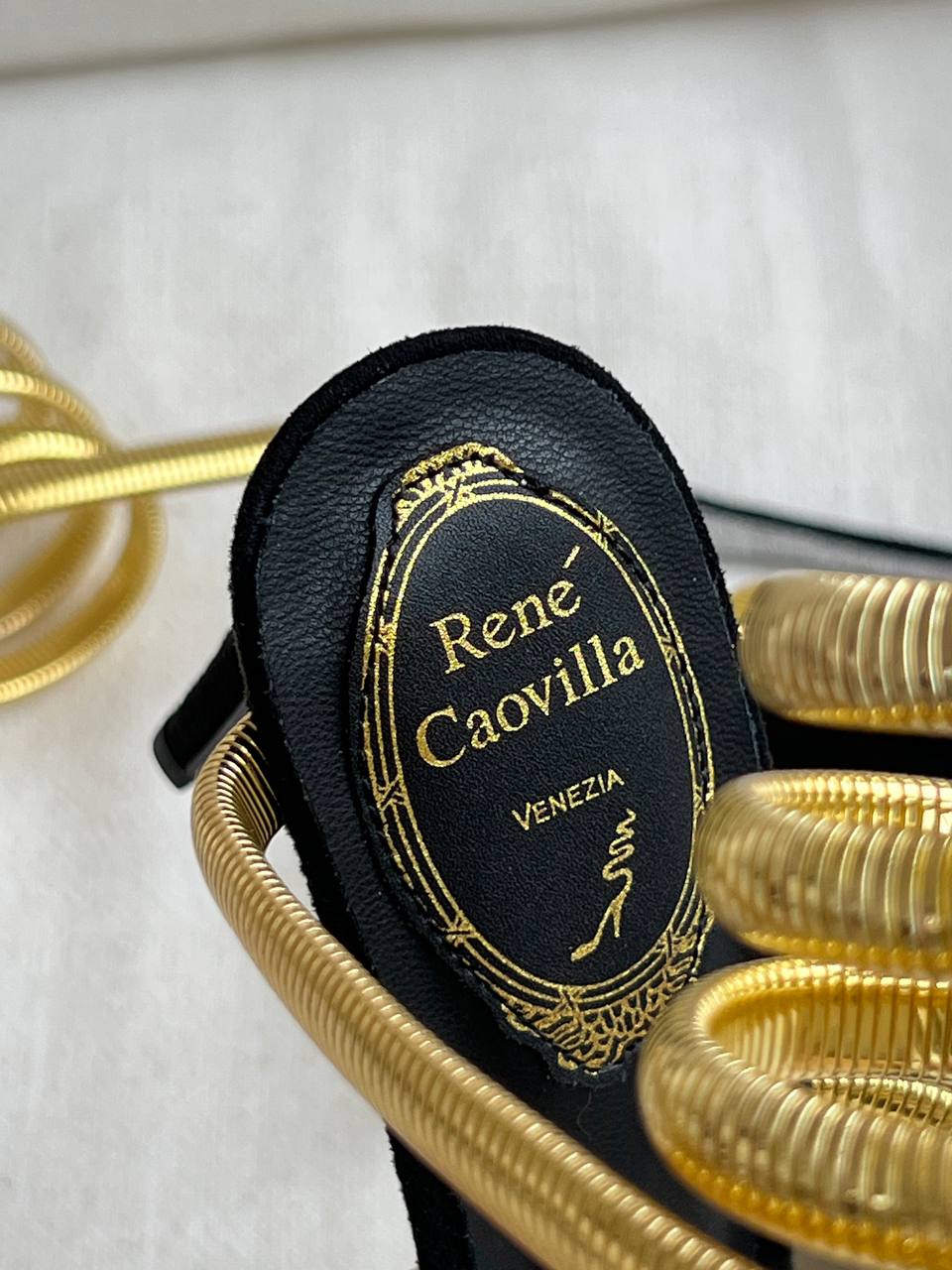 Rene Caovilla Black Velvet Gold Snake Wrap Stiletto Sandals